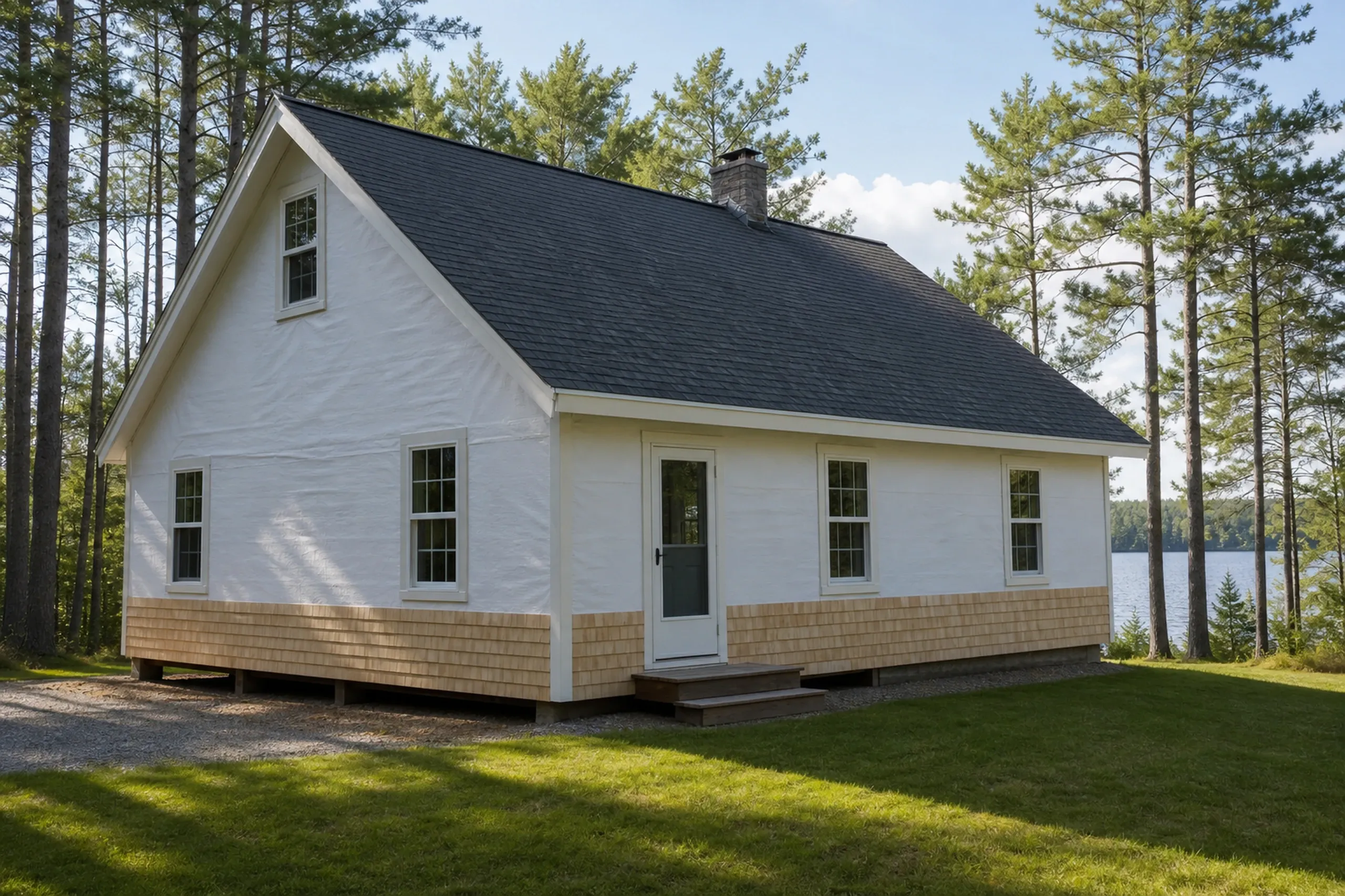 Greene pond cottage first shingle courses stage: An Allen Pond year-round cottage wall in-progress at the first shingle courses stage, fresh pale cedar shingles laid in straight staggered rows up from the sill with plain white housewrap above them, white pines and a sliver of pond beyond, clear late-spring morning light.