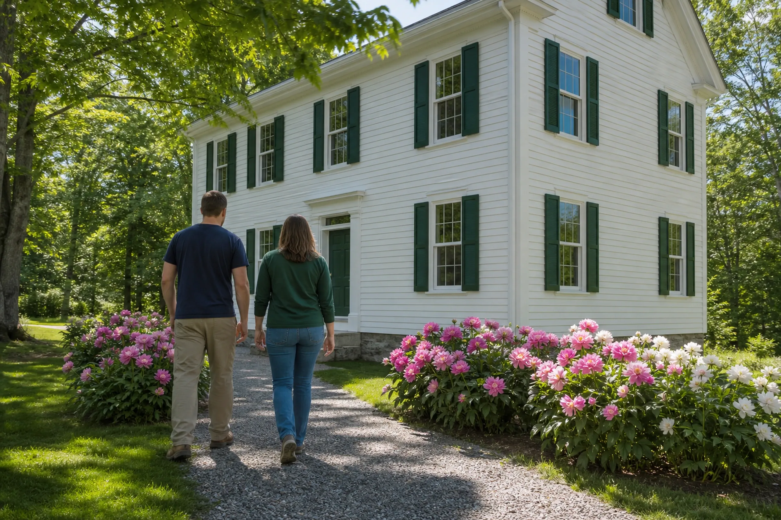 Greene siding final walkaround in the village: In bright early-summer afternoon light, two people, a siding installer and a homeowner, seen from behind, walk beside a re-sided gable-front Greek Revival village house finished in white fiber cement lap with deep green shutters, a granite step and peonies in bloom along the path.