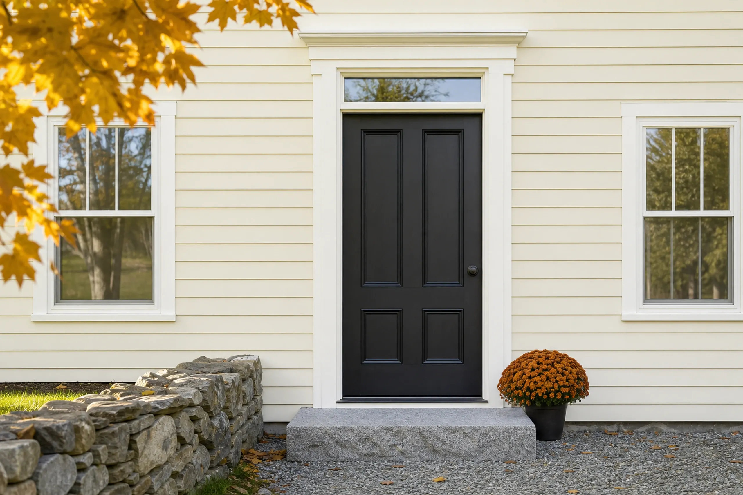 Greene re-sided farmhouse front entry: The front entry of a re-sided Greene farmhouse, shot vertically, buttercream LP lap siding with white trim around a wide paneled door and a plain transom, one broad granite step, a pot of rust-colored mums and a stone wall, crisp early-autumn light.