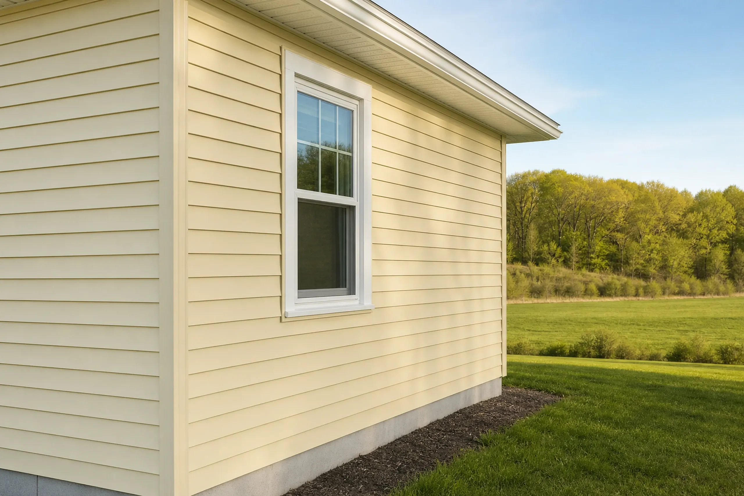 Siding repair on a wind-exposed Greene wall: a few new pale yellow vinyl panels and a new corner post blended into an older pale yellow vinyl wall at the corner of a ranch, an open field behind, mid-spring.
