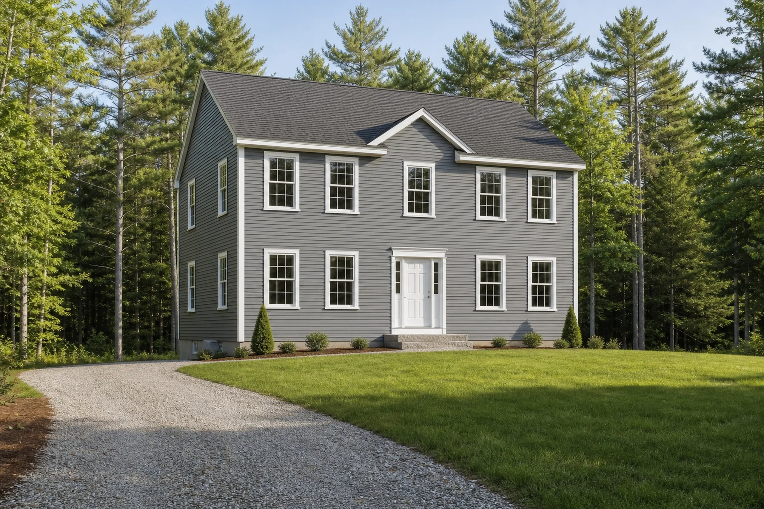 Vinyl siding on a Hebron colonial from the 1980s: a two-story colonial on a wooded lot finished in pewter gray vinyl lap siding with white corner posts and window trim, a gravel drive with no vehicles and tall pines, early summer.