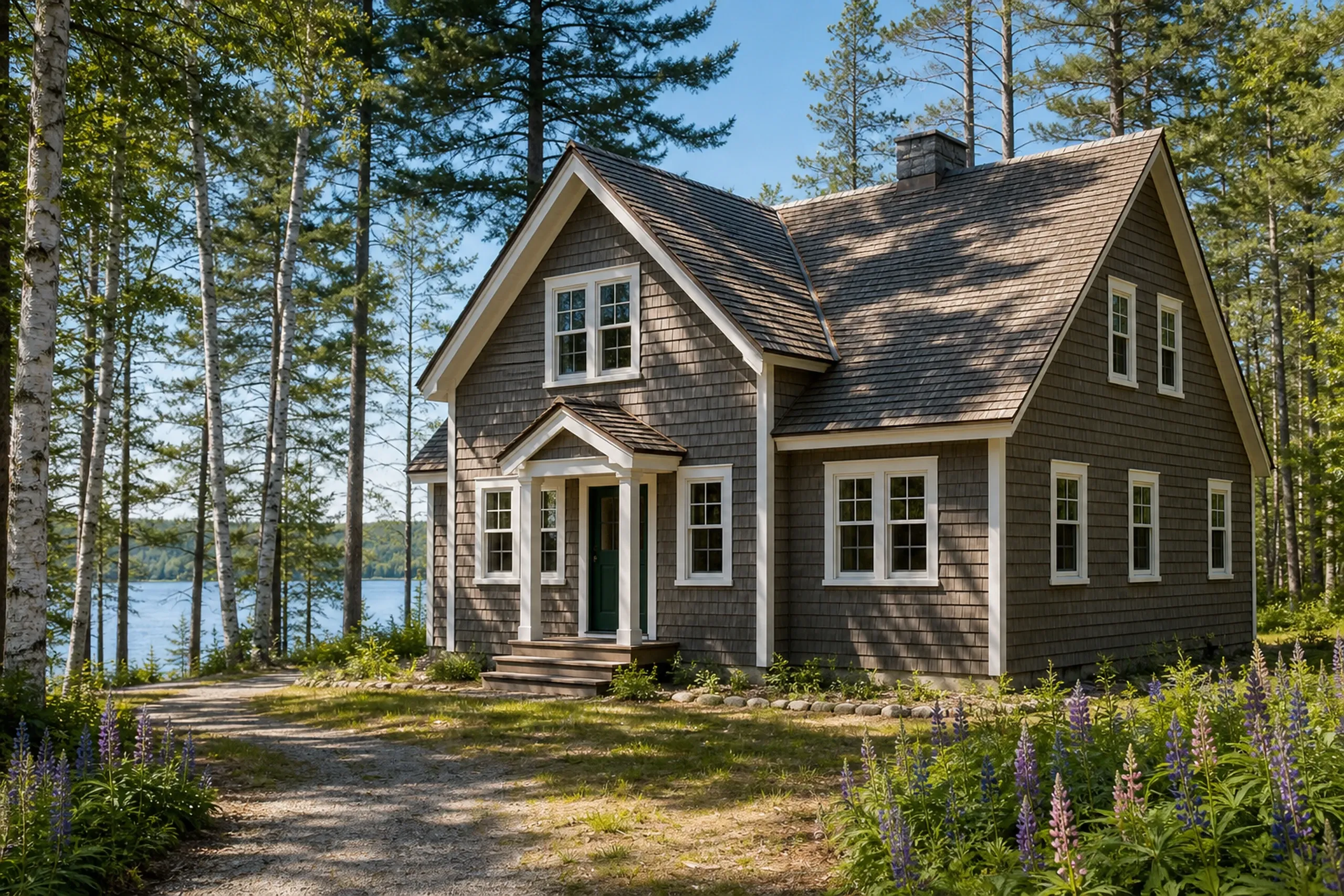 Re-sided Hebron pond camp in early summer: A re-sided year-round camp above Marshall Pond, cedar shingles stained warm gray-brown with white window trim and a dark green door, white pines and birches, a glimpse of calm pond water through the trunks and lupines blooming at the edge of the path, bright early-summer afternoon light.
