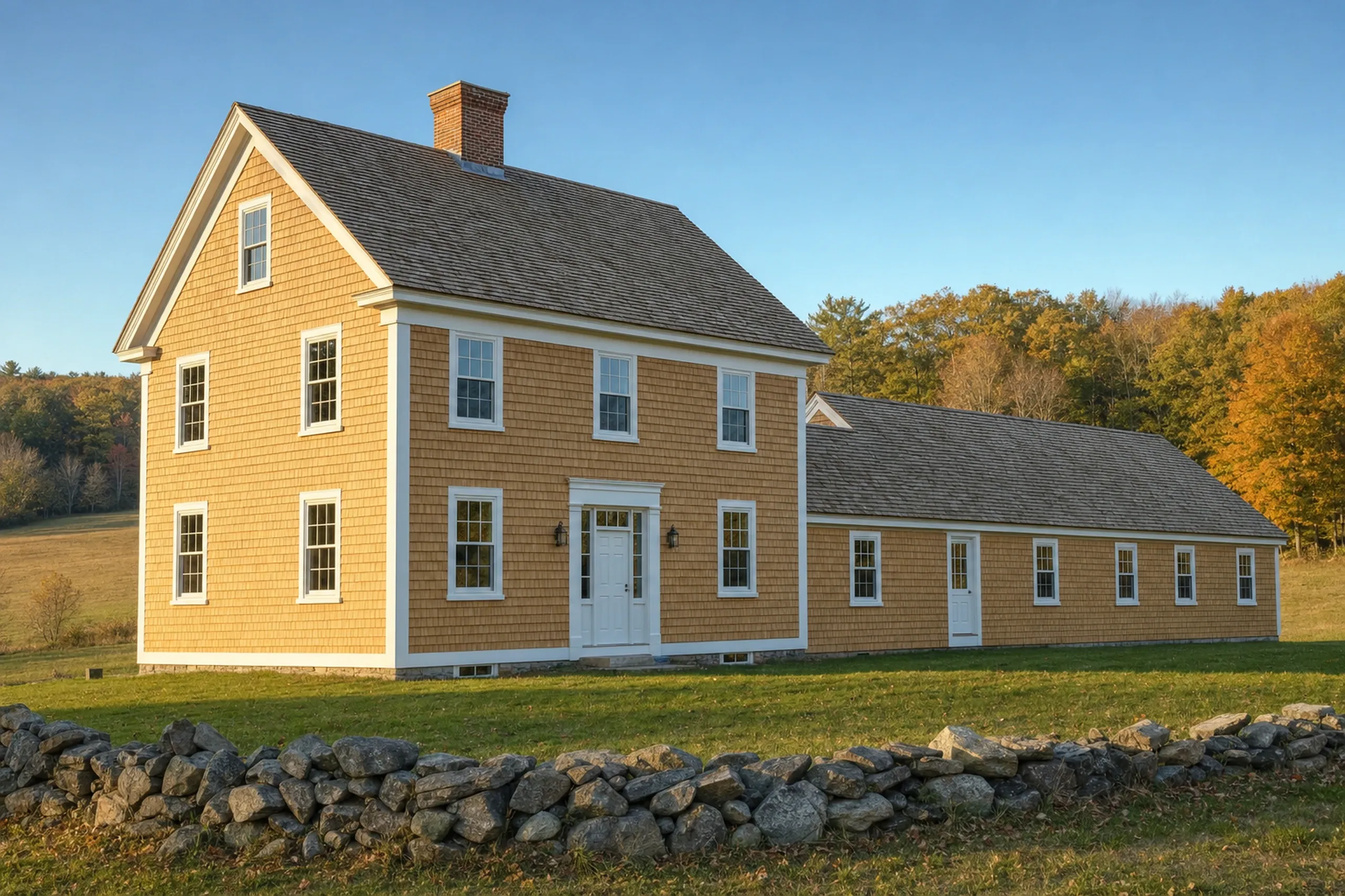 Siding replacement in Hebron, ME: a two-story nineteenth-century farmhouse with a long ell, finished in natural cedar shingles starting to weather toward silver-gray, crisp white trim and corner boards, a fieldstone wall and an open hayfield in the Oxford Hills, early fall.