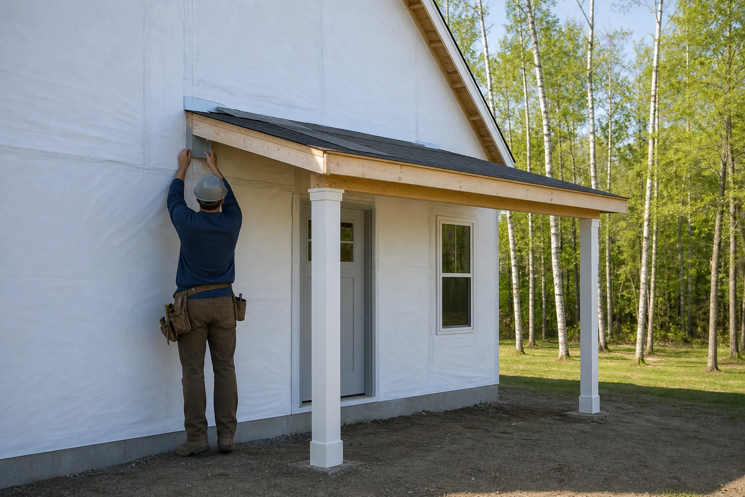 Hebron roof-to-wall flashing stage: one installer seen from behind fitting a kick-out flashing where a porch roof meets a sheathed wall wrapped in plain white housewrap, birch trees behind, late spring.