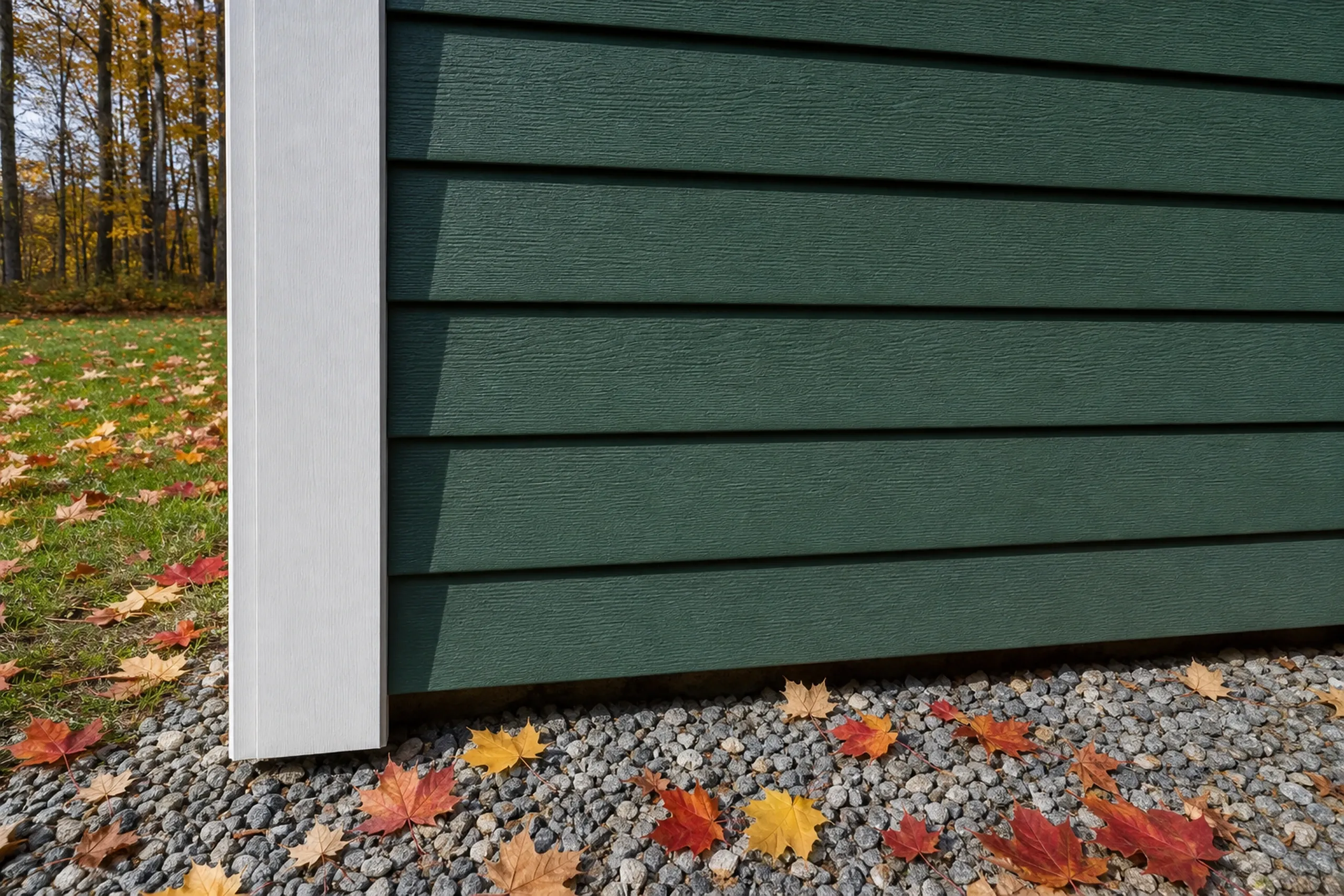 LP lap siding on a Hebron house: close view of the lowest courses of freshly painted forest green LP SmartSide lap siding stopping well above a crushed stone drip strip, a white corner board beside them, fallen leaves on the ground.