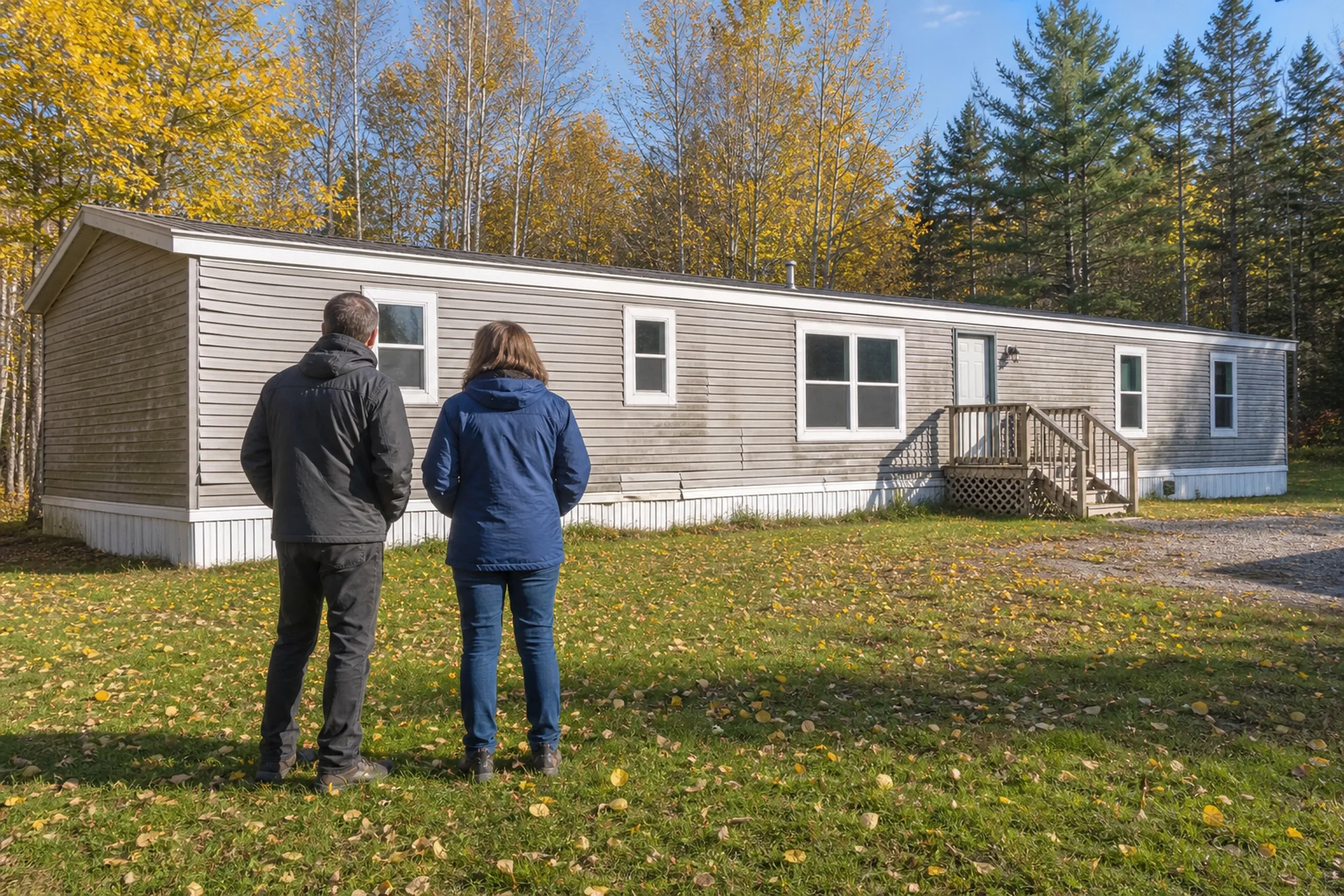 Hebron siding first visit at a manufactured home: In crisp early-autumn light, two people, a siding installer and a homeowner, seen from behind, stand on the lawn before a double-wide manufactured home on a wooded lot and look at old vinyl siding gone chalky, bowed outward and cracked along the lower rows, birches turning yellow behind it.