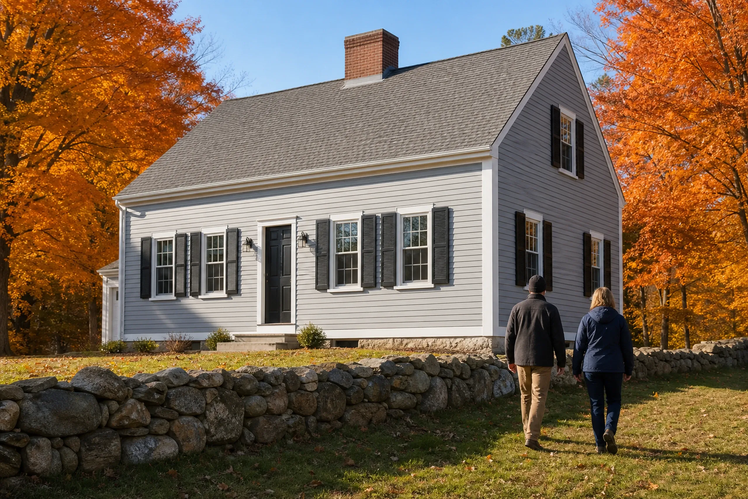 Hebron siding final walkaround at a center-chimney Cape: In cool clear October morning light, two people, a siding installer and a homeowner, seen from behind, walk past a re-sided center-chimney Cape finished in pale gray fiber cement lap with black shutters and white trim, a stone wall and sugar maples blazing orange.
