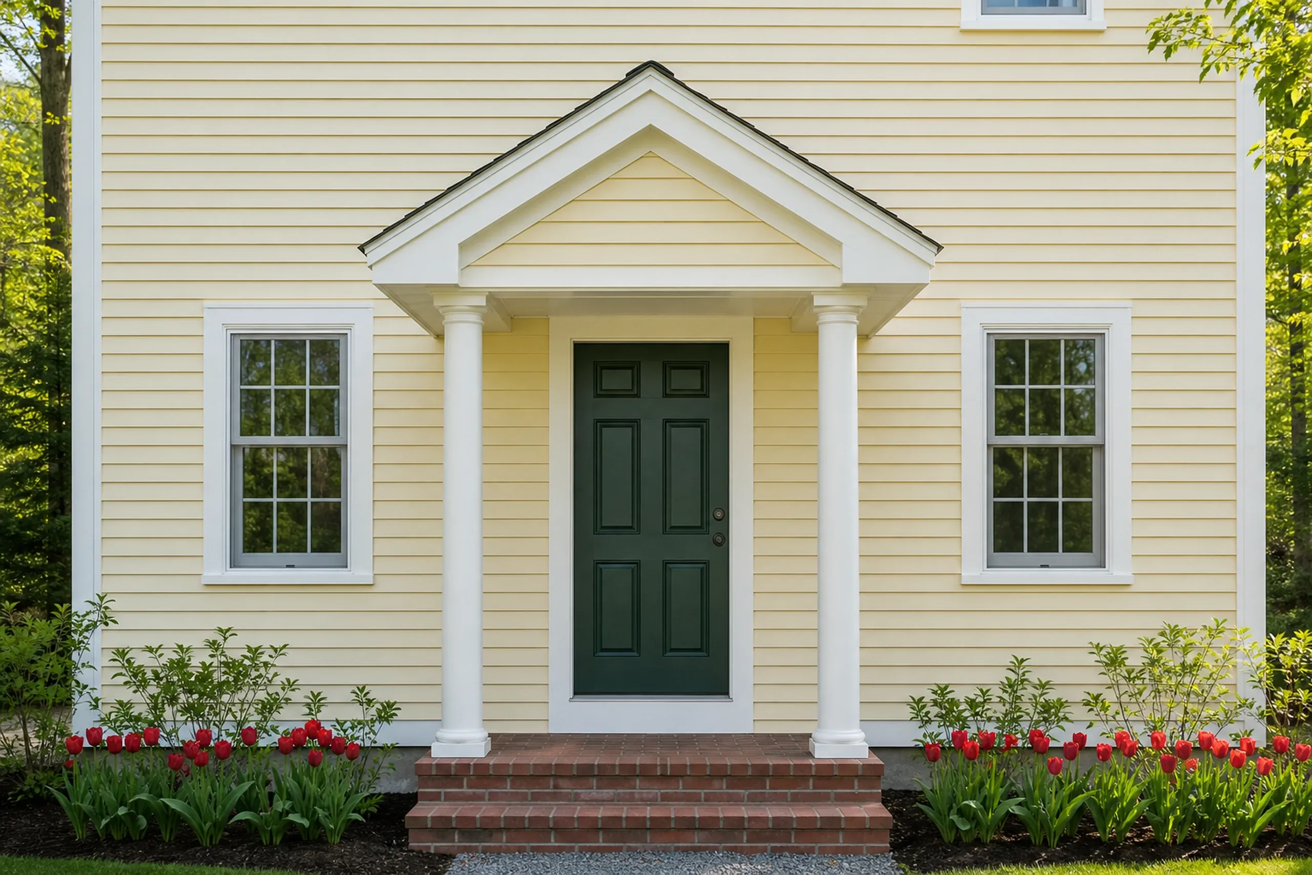 Hebron re-sided home front entry with a portico: The front entry of a re-sided 1990s Hebron home, pale butter vinyl lap around a forest-green door beneath a small gabled portico with two round white columns, a brick landing and red tulips in a mulched bed, clear late-spring morning light, framed vertically and seen straight on.