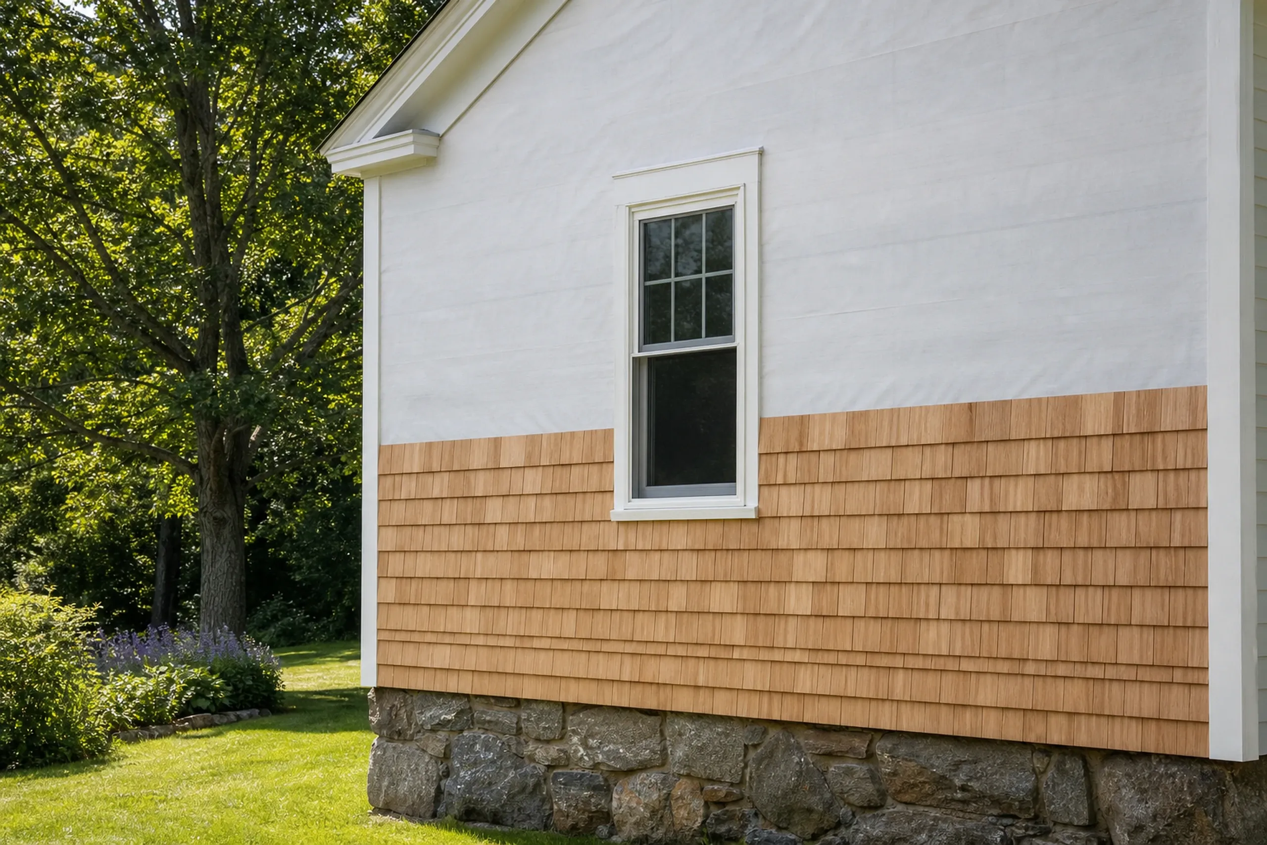 Cedar shingle courses on a Hebron Village house: new cedar shingles going up course by course on a nineteenth-century house wall over plain white housewrap, a doubled first course at the foundation and a white window casing, summer.