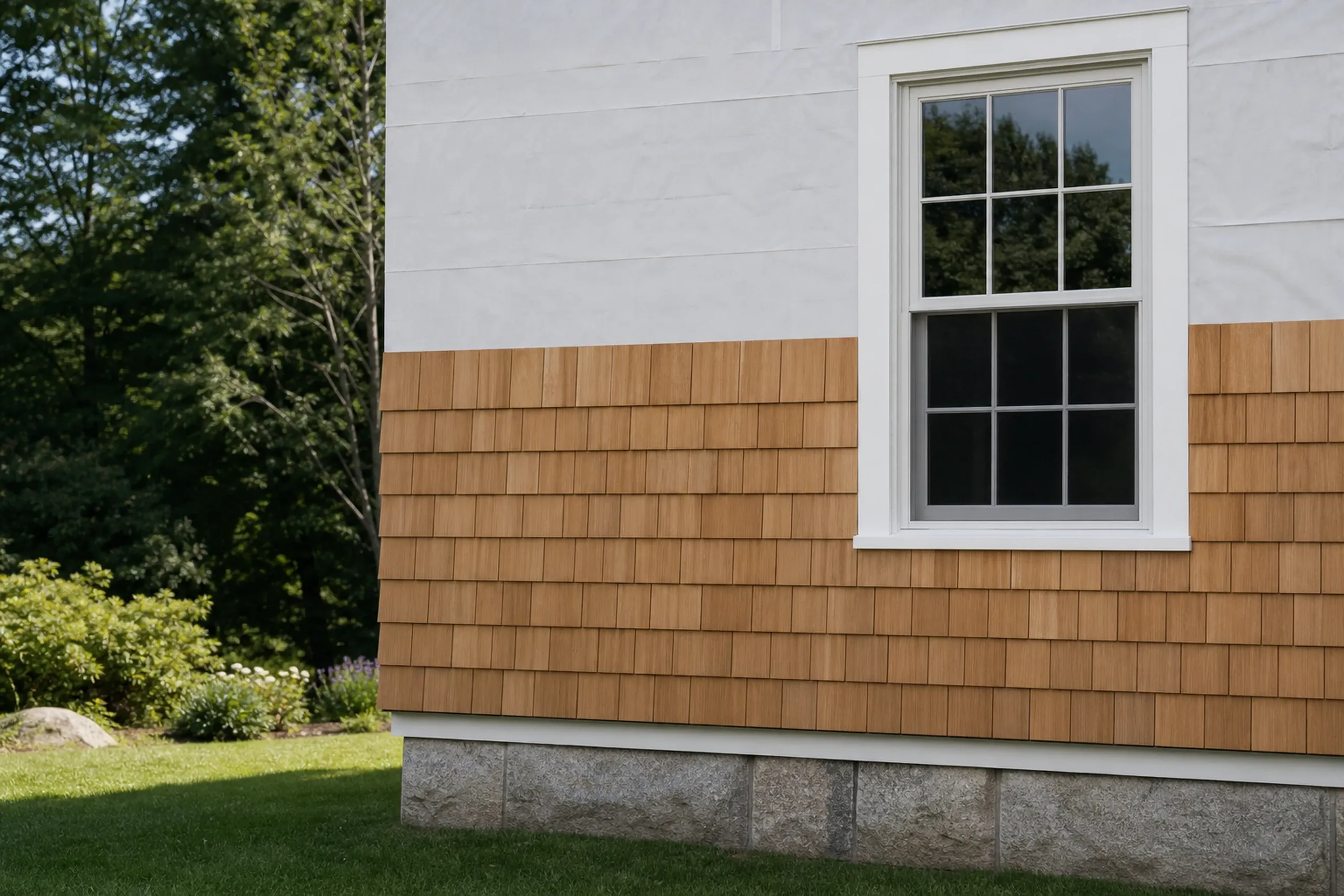 Cedar shingle courses on an older Leeds, ME house: new natural cedar shingles going up course by course over white housewrap, straight butt lines meeting a white window casing on a farmhouse wall, midsummer.