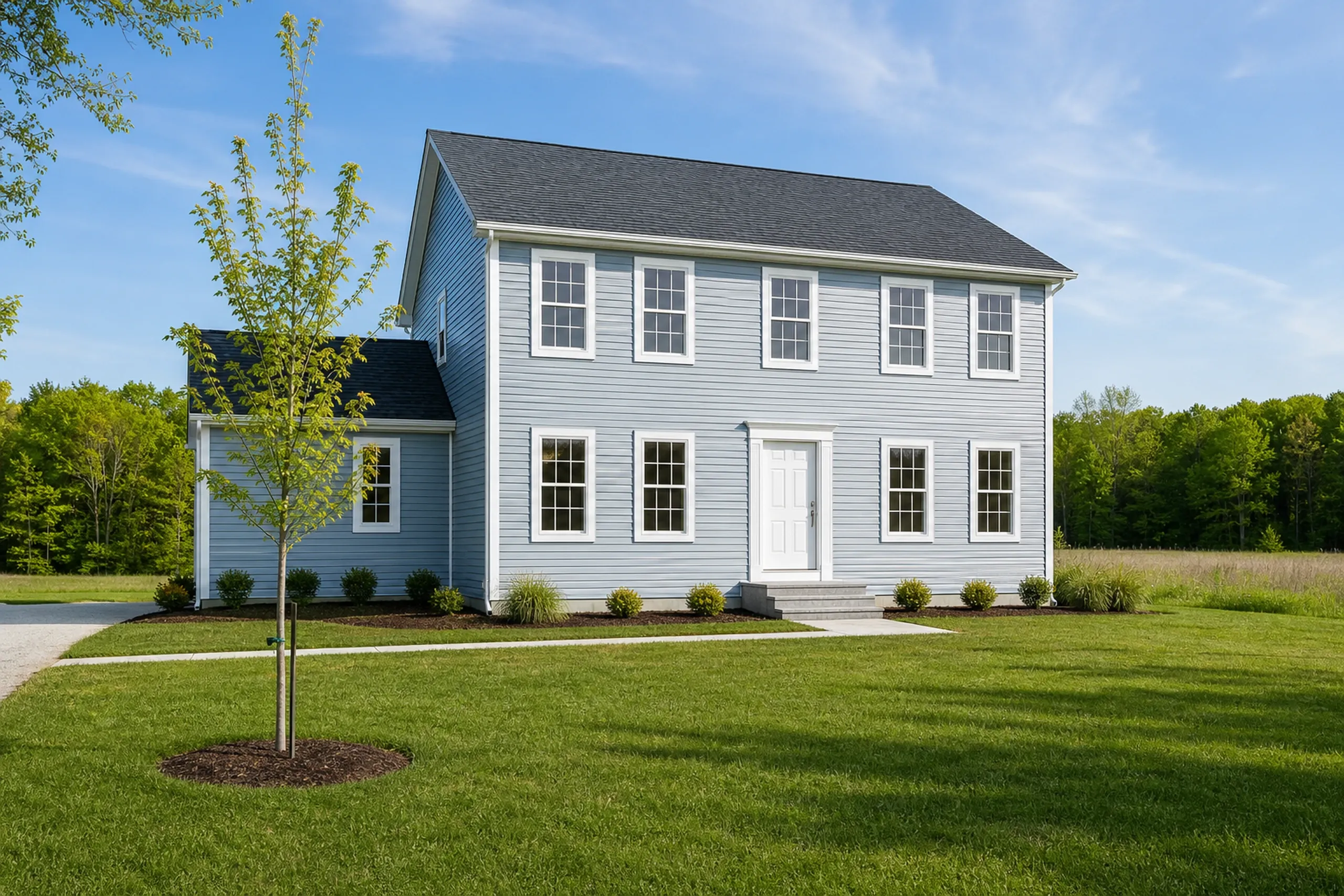 Vinyl siding on a newer Leeds, ME home: a 1990s two-story colonial with new pale blue-gray vinyl lap siding, white trim and corner posts, a young maple and a mowed lawn, late spring.