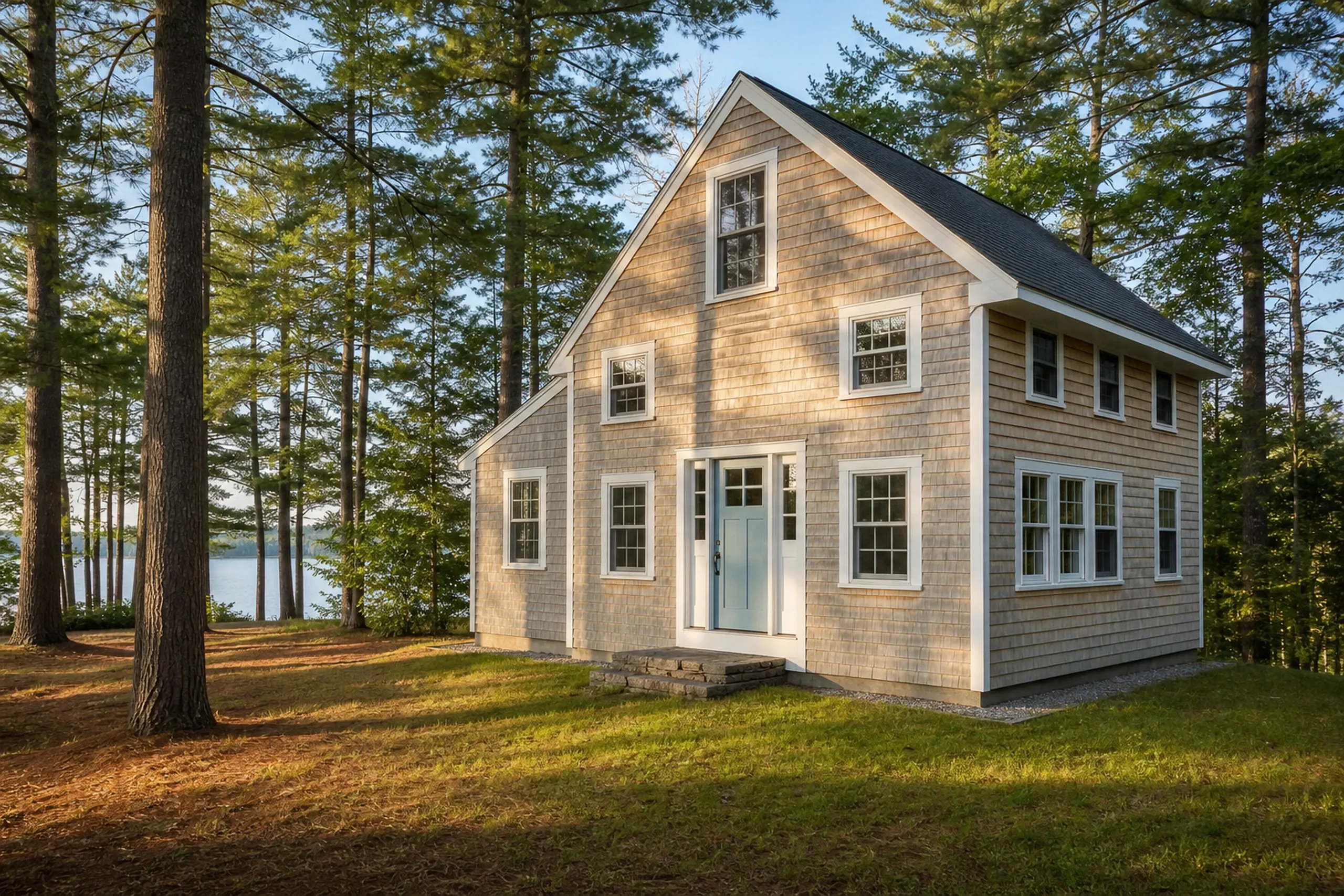 Re-sided Leeds lake cottage in summer: A re-sided lake cottage near Androscoggin Lake, natural cedar shingles weathering from honey to silver-gray with white trim and a pale blue door, a flat fieldstone step, tall pines and a sliver of calm lake water between the trunks, warm late-afternoon summer light.