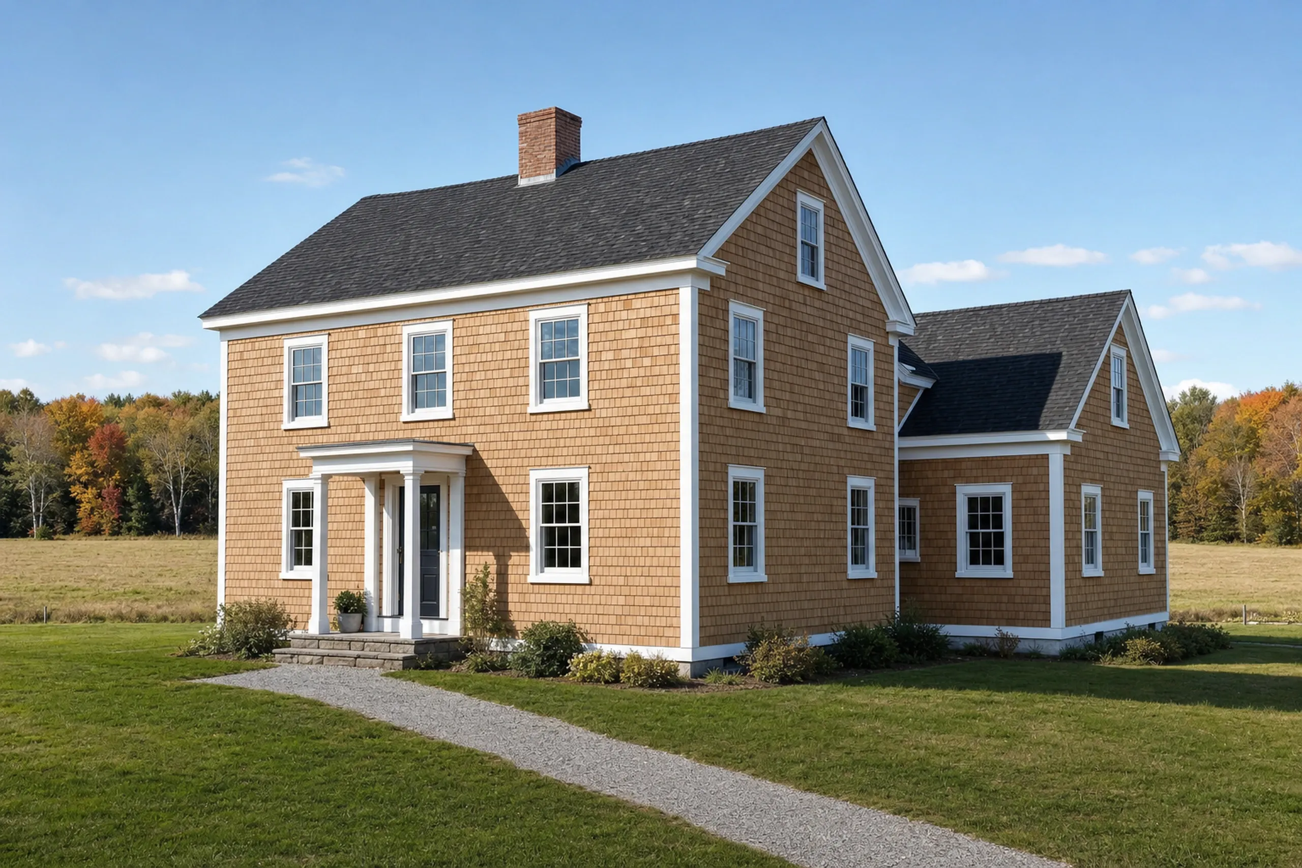 Siding replacement in Leeds, ME: a white-trimmed farmhouse with an attached ell, finished in natural cedar shingles just starting to silver, crisp white corner boards and window casings, an open hayfield behind it, early fall.