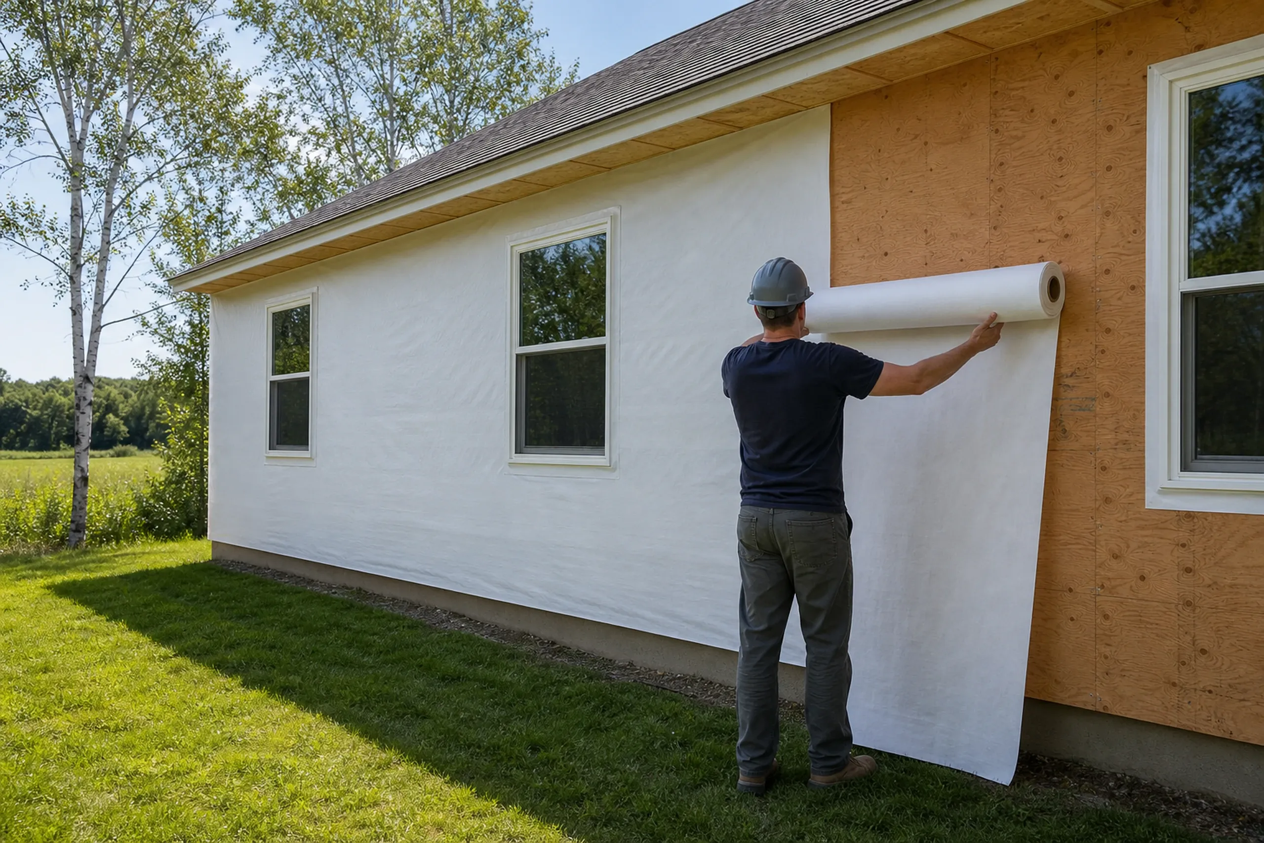 Leeds, ME wall stripped for new siding: one installer seen from behind rolling plain white housewrap across clean sheathing on a ranch house wall, window openings already taped, birch trees and a field behind, early summer.