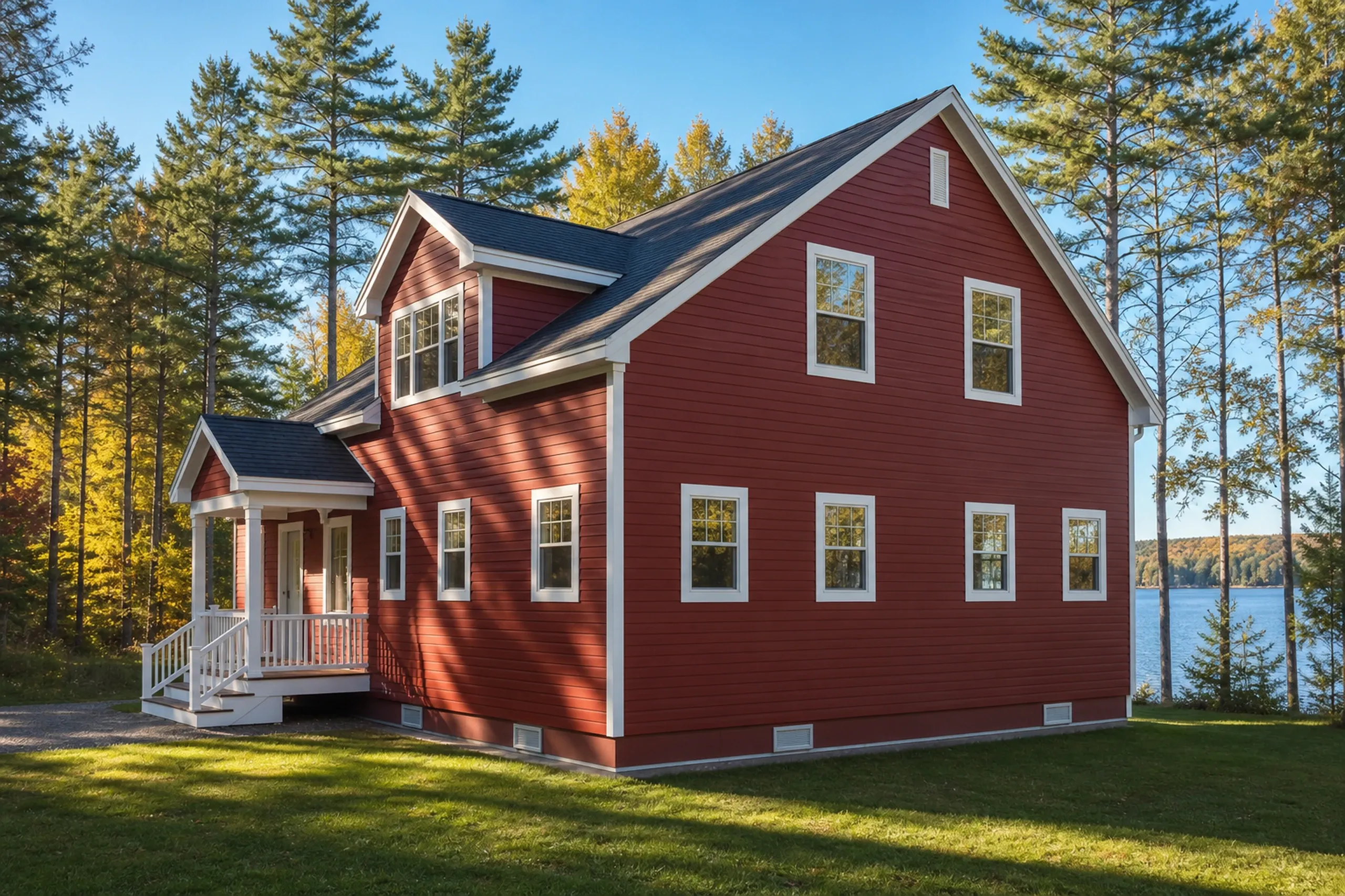 LP lap siding on a Leeds, ME lake house: a year-round house near Androscoggin Lake re-sided in freshly painted barn red engineered wood lap with white trim, pines around it and a sliver of water through the trees, early fall.