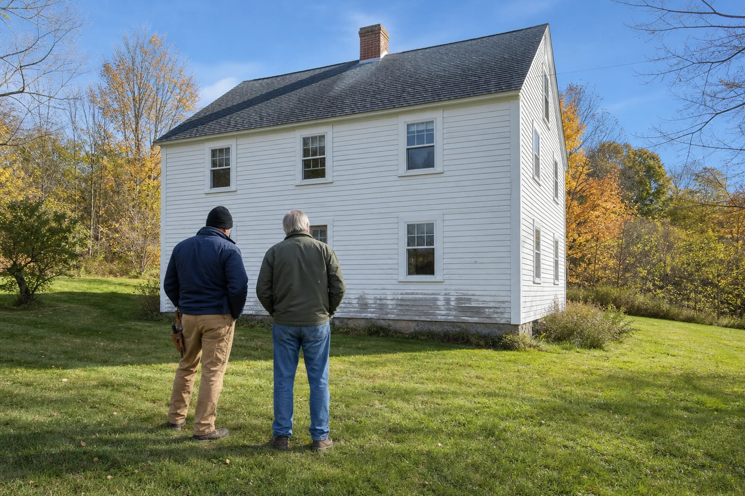 Leeds siding first visit at a 1940s cape: In cool October morning light, two people, a siding installer and a homeowner, seen from behind, stand close to the front wall of a 1940s cape and look at lowest clapboards where paint has peeled to bare gray wood and a dark damp-looking patch has spread above the granite foundation.