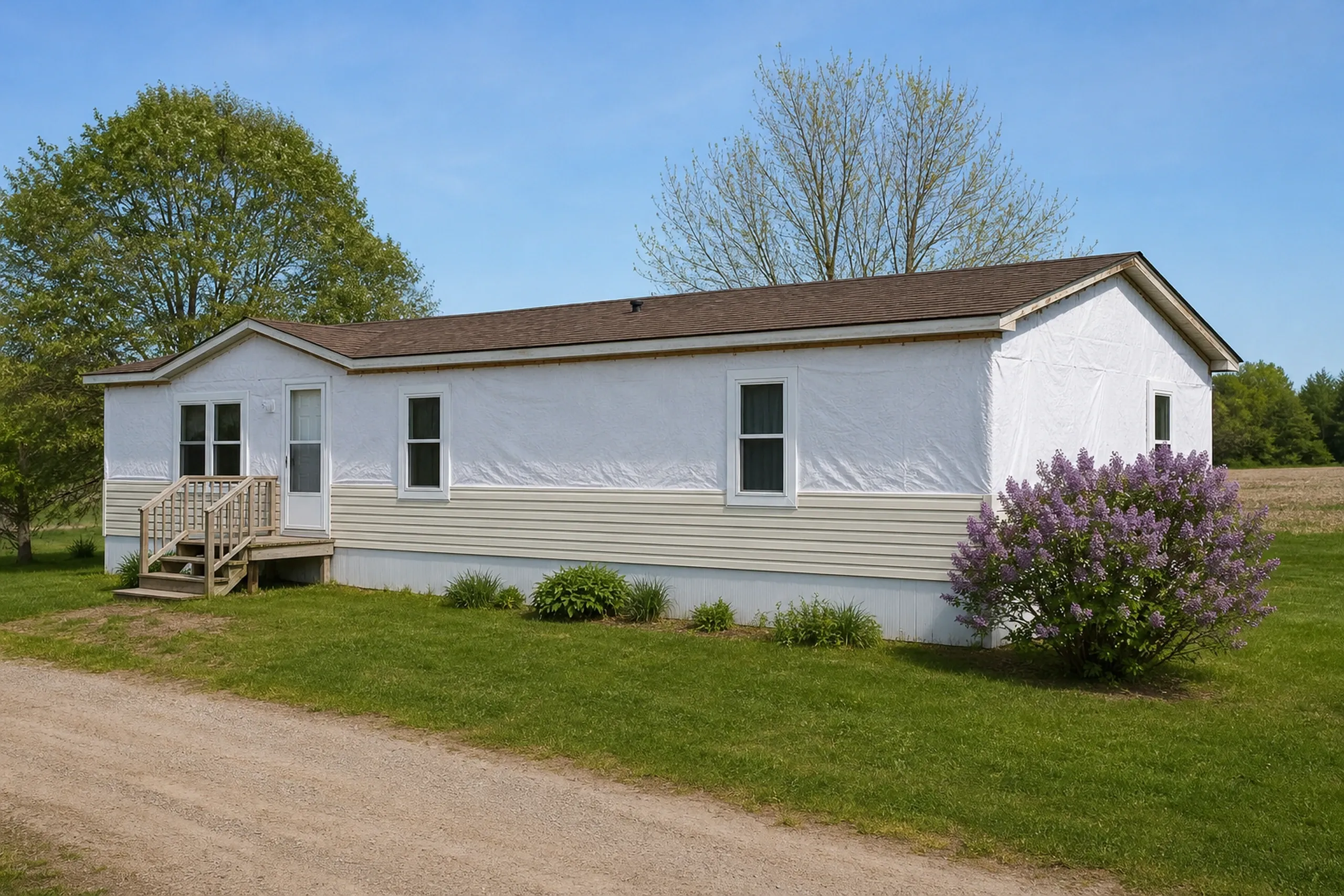 Leeds first vinyl courses stage on a manufactured home: A single-story manufactured home wall in-progress at the first courses of vinyl lap stage, the lowest three rows of cream vinyl locked in place along a straight starter strip, plain white housewrap covering the wall above them, a blooming lilac and a hayfield beyond, clear late-spring morning light.