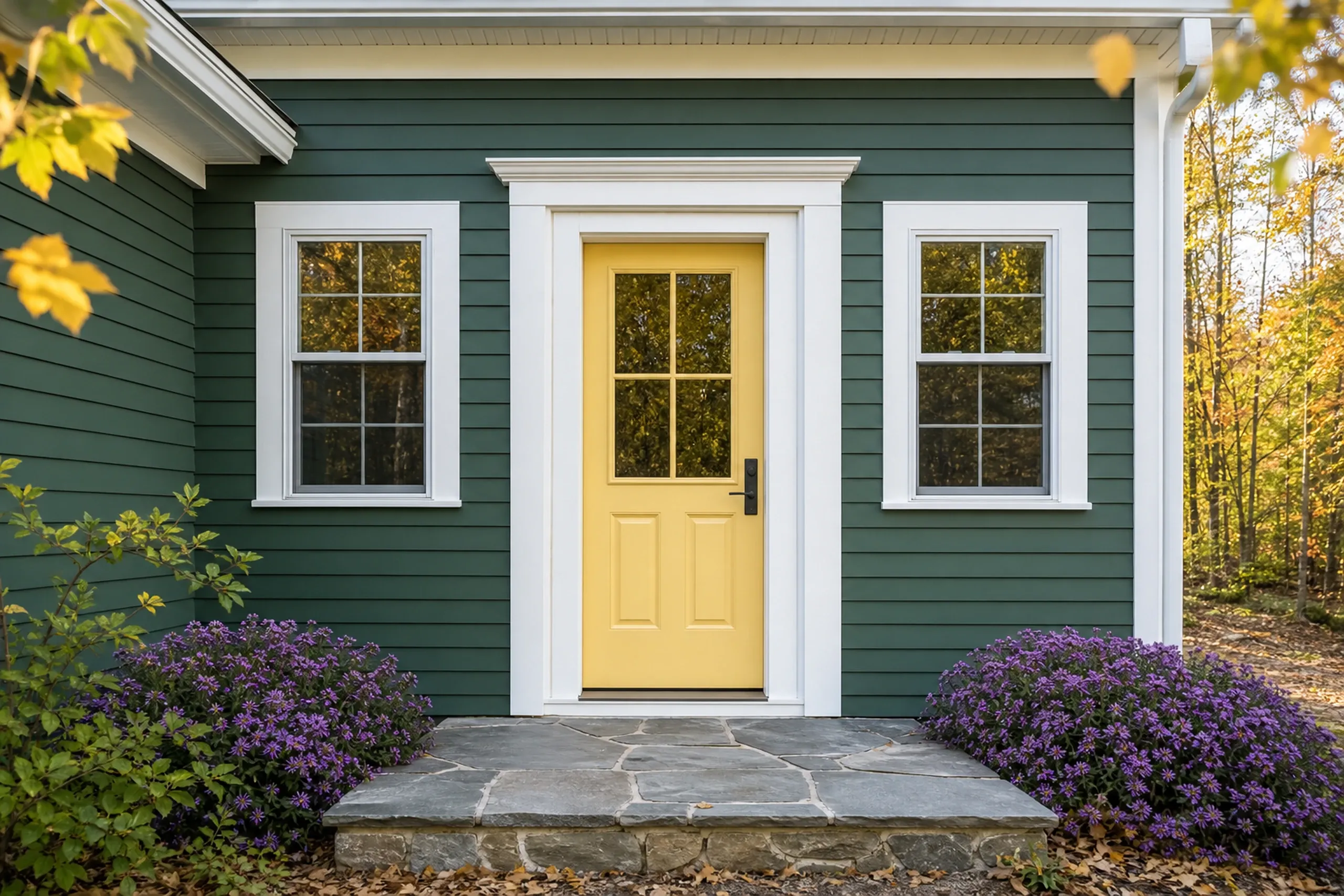 Leeds re-sided ranch front entry: The front entry of a re-sided single-story ranch, spruce-green fiber cement lap around a pale yellow half-glass door, white trim, a flagstone landing and purple asters in bloom beside the step, crisp early-autumn light, shot vertically, seen straight on.