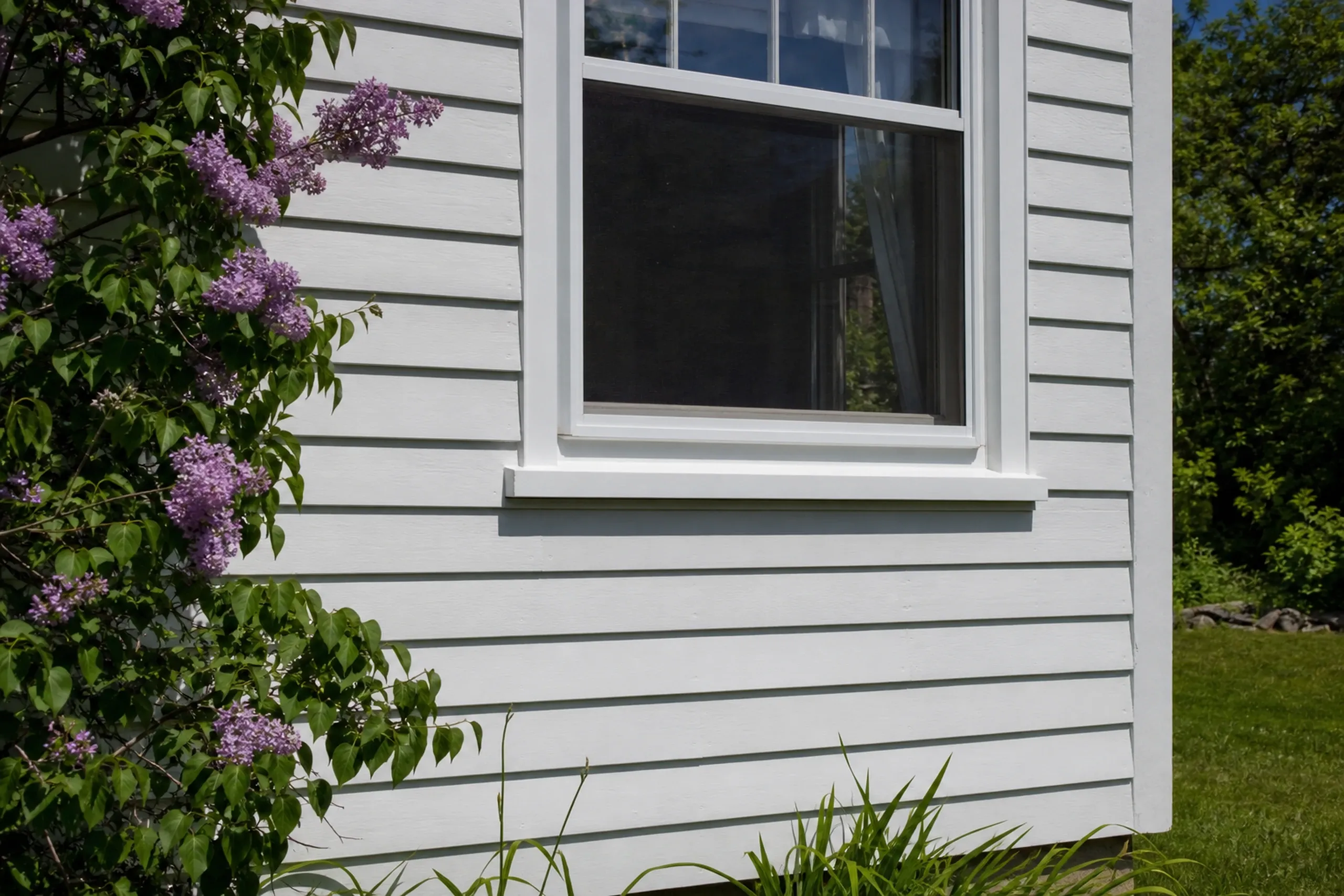 A Lisbon siding repair blended into the old wall: a short run of new primed and painted white wood clapboards set into an older white clapboard wall below a window, joints staggered and the paint matched, a lilac bush beside it, summer.