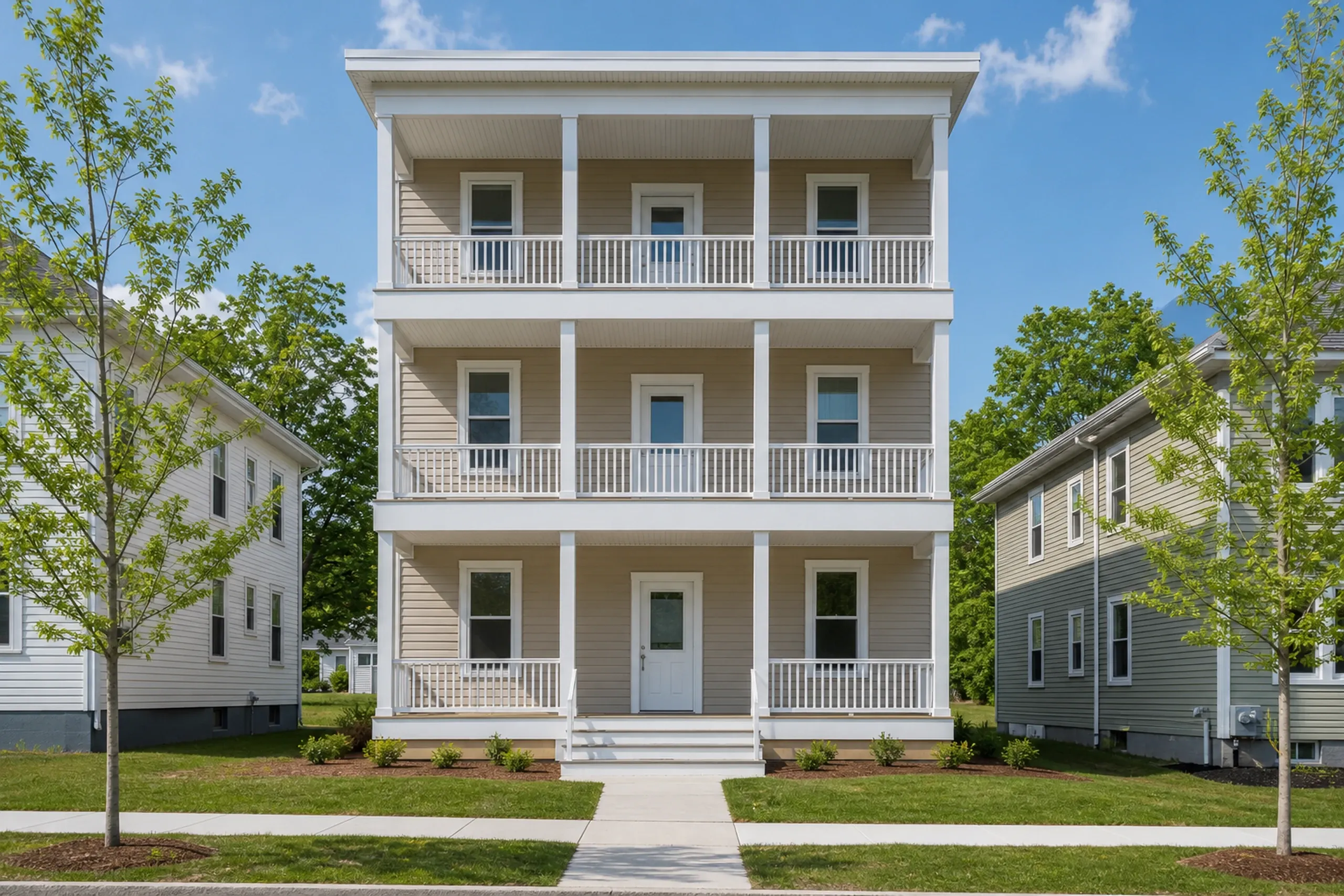 Vinyl siding on Lisbon Falls mill housing: a three-story wood-frame multi-family house with stacked front porches, finished in pale tan vinyl lap siding with white trim and corner posts, neighboring houses close on either side, early summer.