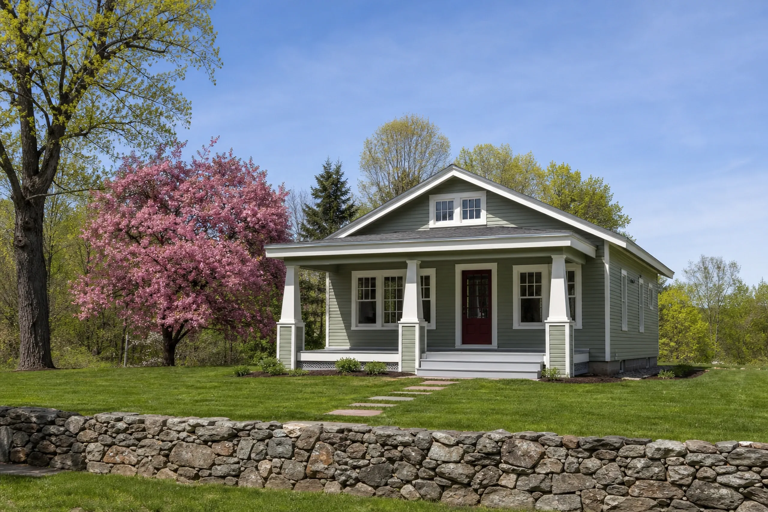 Re-sided Lisbon bungalow with a wide porch in spring: A re-sided 1920s bungalow with a low front gable and a wide porch on square tapered posts, muted sage fiber cement lap with white trim and a dark red door, a flowering crabapple in bloom and a maple in fresh new leaf, clear late-spring morning light.