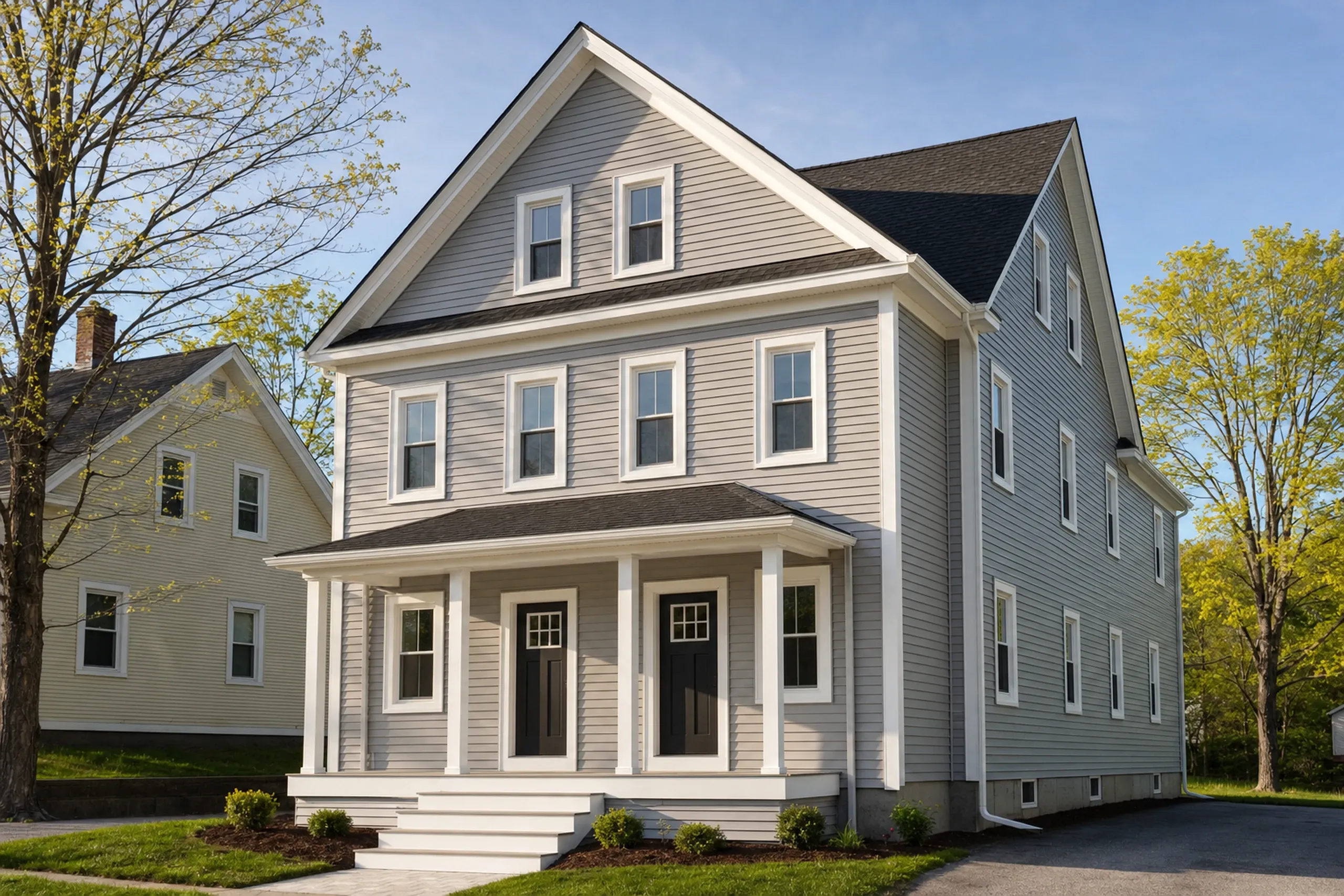 Siding replacement in Lisbon, ME: a two-and-a-half-story mill-era wood-frame duplex in Lisbon Falls finished in soft gray vinyl lap siding with white corner boards and window trim, two front doors under a shared porch roof, a close neighbor on one side, late spring.