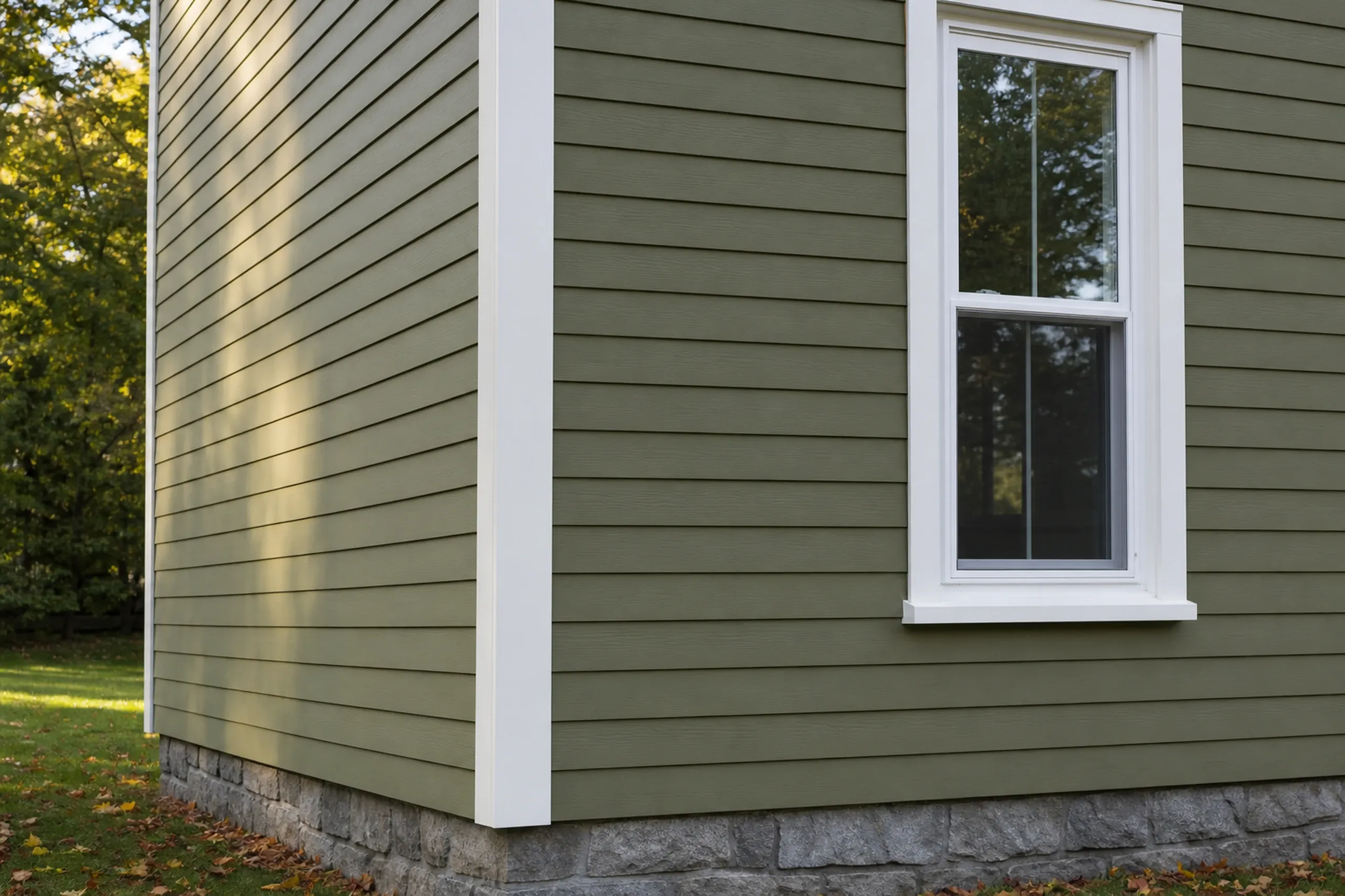LP lap siding on an older Lisbon single-family home: close view of a corner on a two-story 1920s house where freshly painted olive green LP SmartSide lap boards meet a wide white corner board and a window casing, early fall.