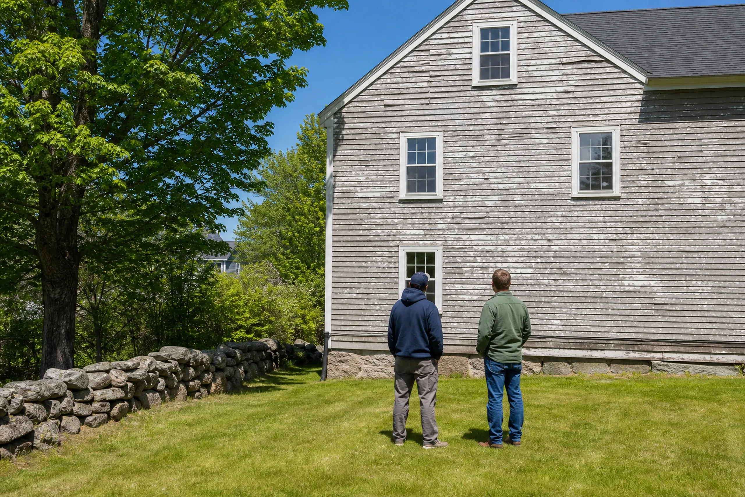 Lisbon siding first visit at a mill-village house: In bright early-summer afternoon light, two people, a siding installer and a homeowner, seen from behind, stand on the narrow side lawn of a gable-front mill-village house in Lisbon Falls, looking at clapboards peeling to bare gray wood and one soft board above the granite foundation.