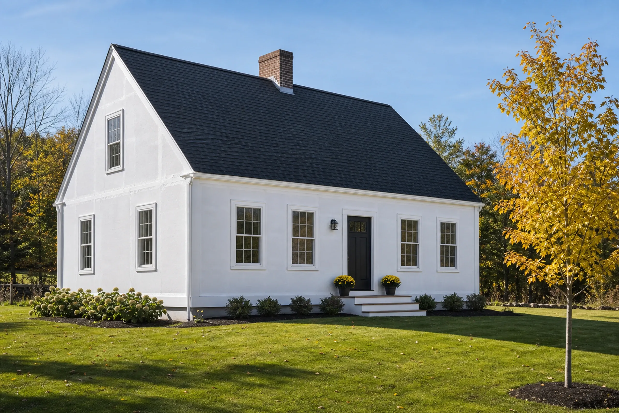 Lisbon corner boards and trim on a 1960s cape: A 1960s cape in-progress at the corner board and trim stage, new white corner boards standing at each outside corner and casings set around the openings, plain white housewrap filling the wall between them, a young maple just turning gold at the lawn's edge, crisp early-autumn light.