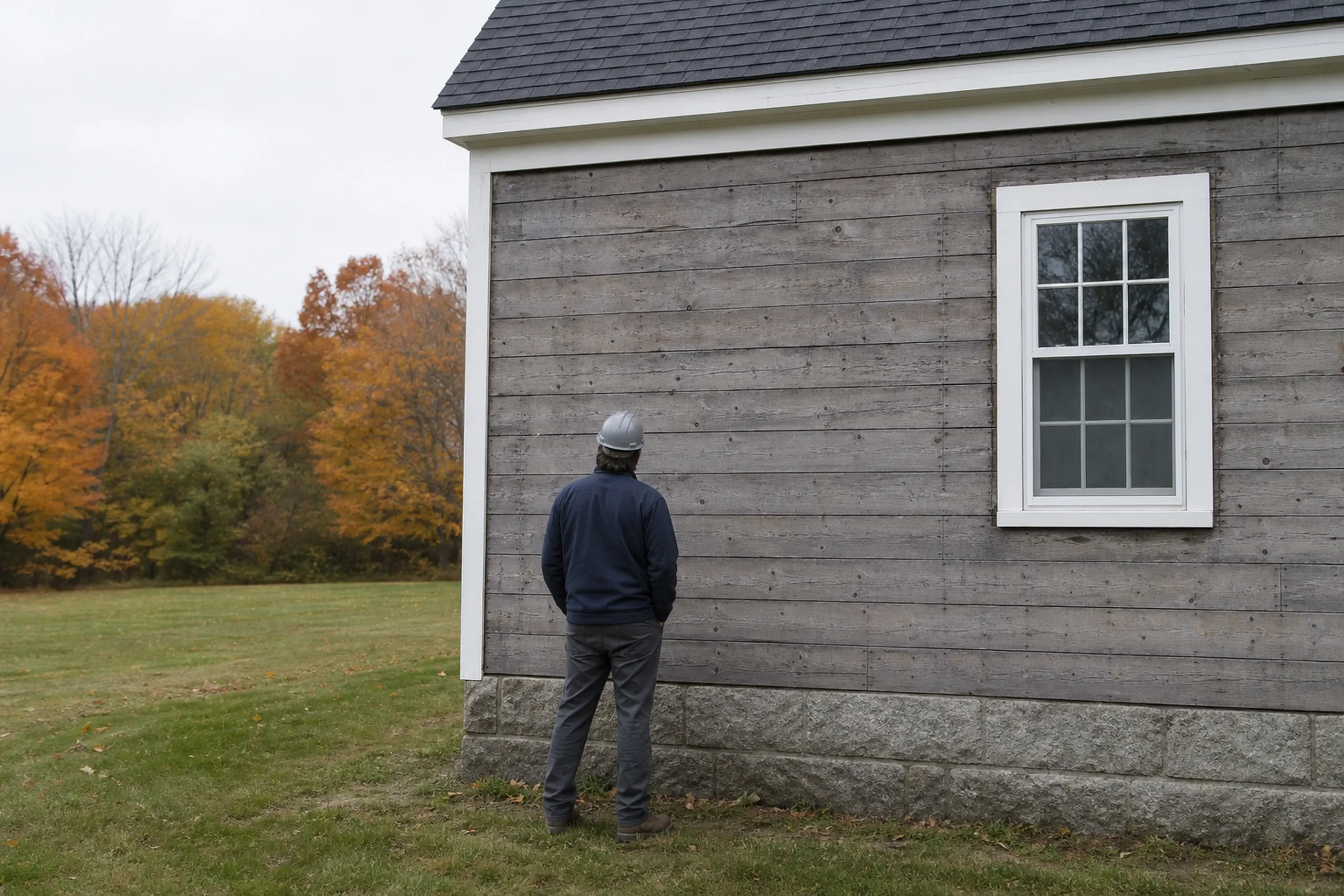 Lisbon wall opened at the sill: one installer seen from behind, studying a stripped section of an old wood-frame house where the siding has been removed down to the board sheathing above a granite foundation, overcast fall day.