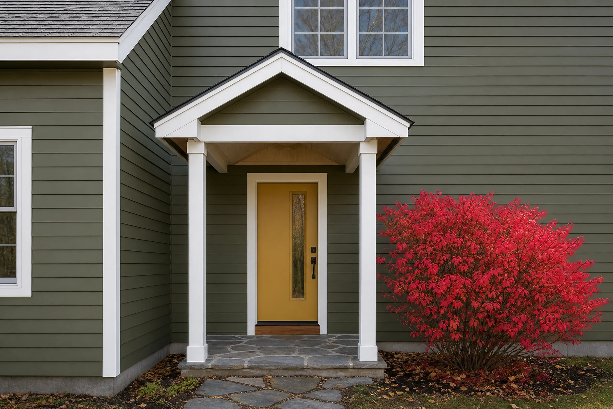 Lisbon re-sided ranch front entry: The front entry of a re-sided 1960s Lisbon ranch, deep olive LP lap around a mustard-yellow door with a tall narrow window, white trim, a flagstone landing and a burning bush gone scarlet beside it, cool clear October morning light, framed vertically and seen straight on.