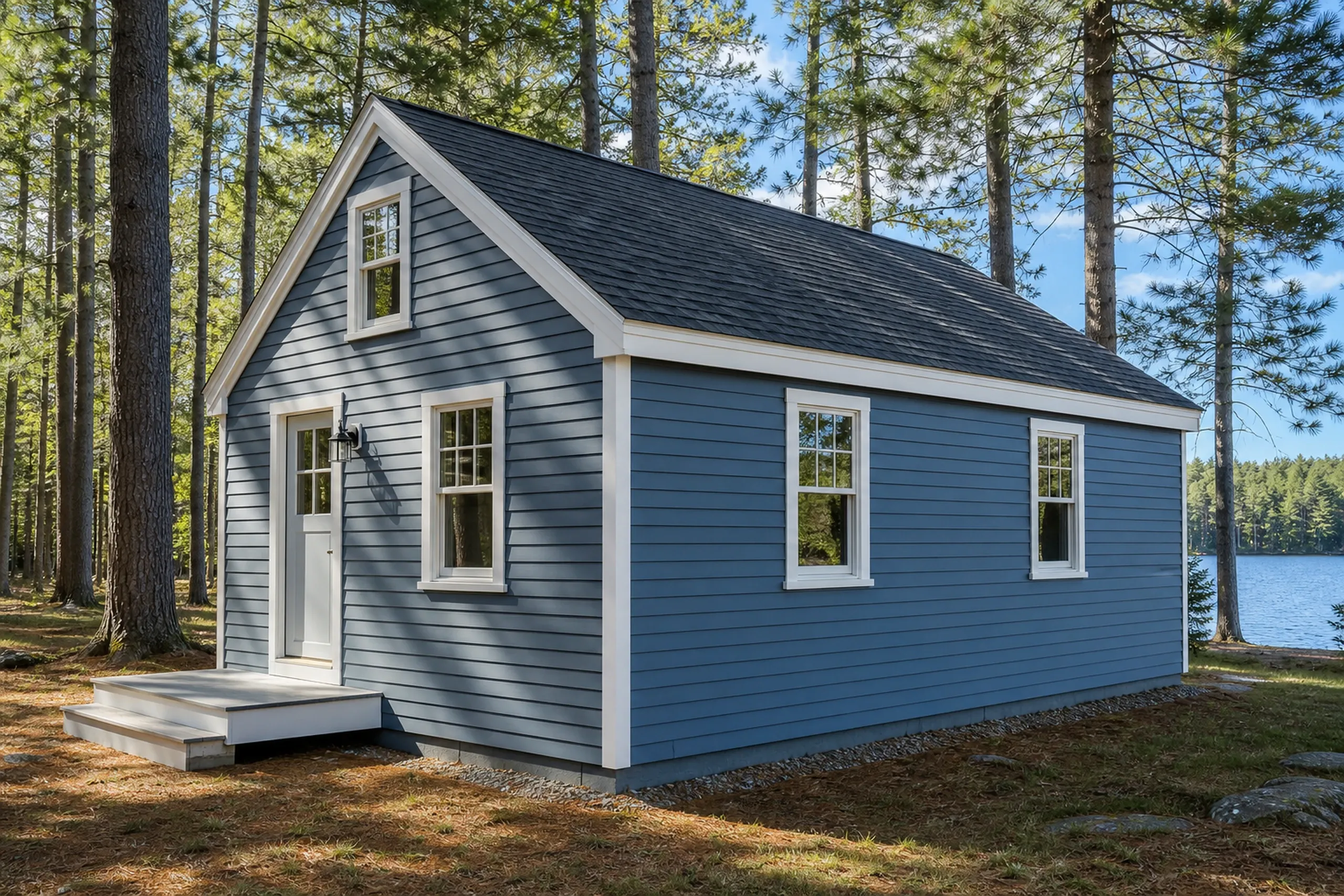 LP SmartSide on a Litchfield camp: a small year-round camp among pines re-sided in painted slate-blue engineered wood lap boards with white trim and corner boards, a hint of pond water behind the trees, late summer.