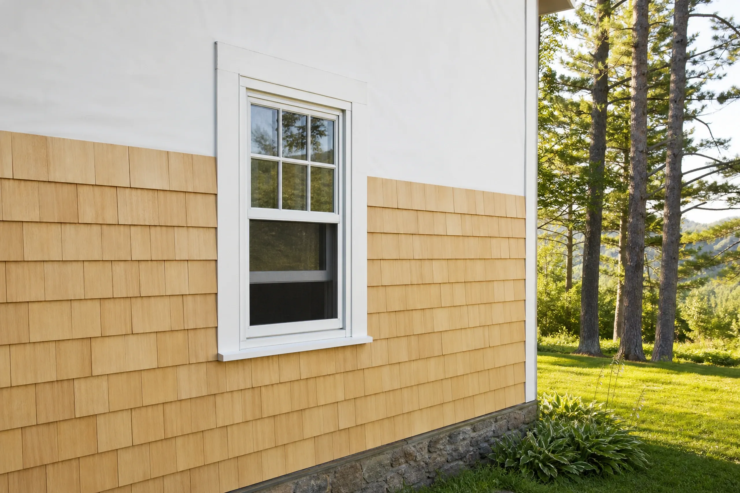Cedar shingle courses near Litchfield Corner: new eastern white cedar shingles going up course by course over plain housewrap on a two-story village house, straight butt lines and a white window casing, early summer light.