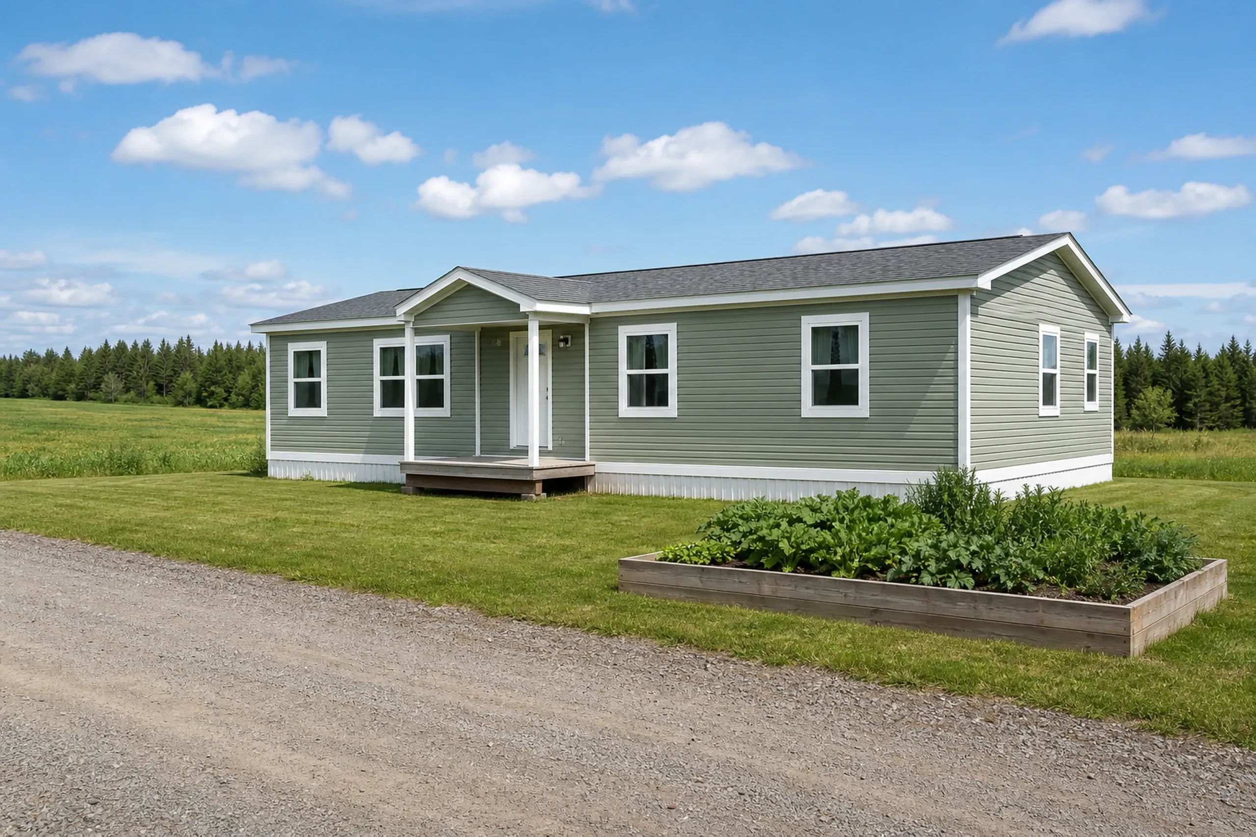 Re-sided Litchfield manufactured home in early summer: A re-sided double-wide manufactured home on a level farm-road lot, finished in soft sage vinyl lap with white corner posts, white window trim and a small covered entry, a raised vegetable bed, a mown lawn and a green hayfield behind, bright early-summer afternoon light.