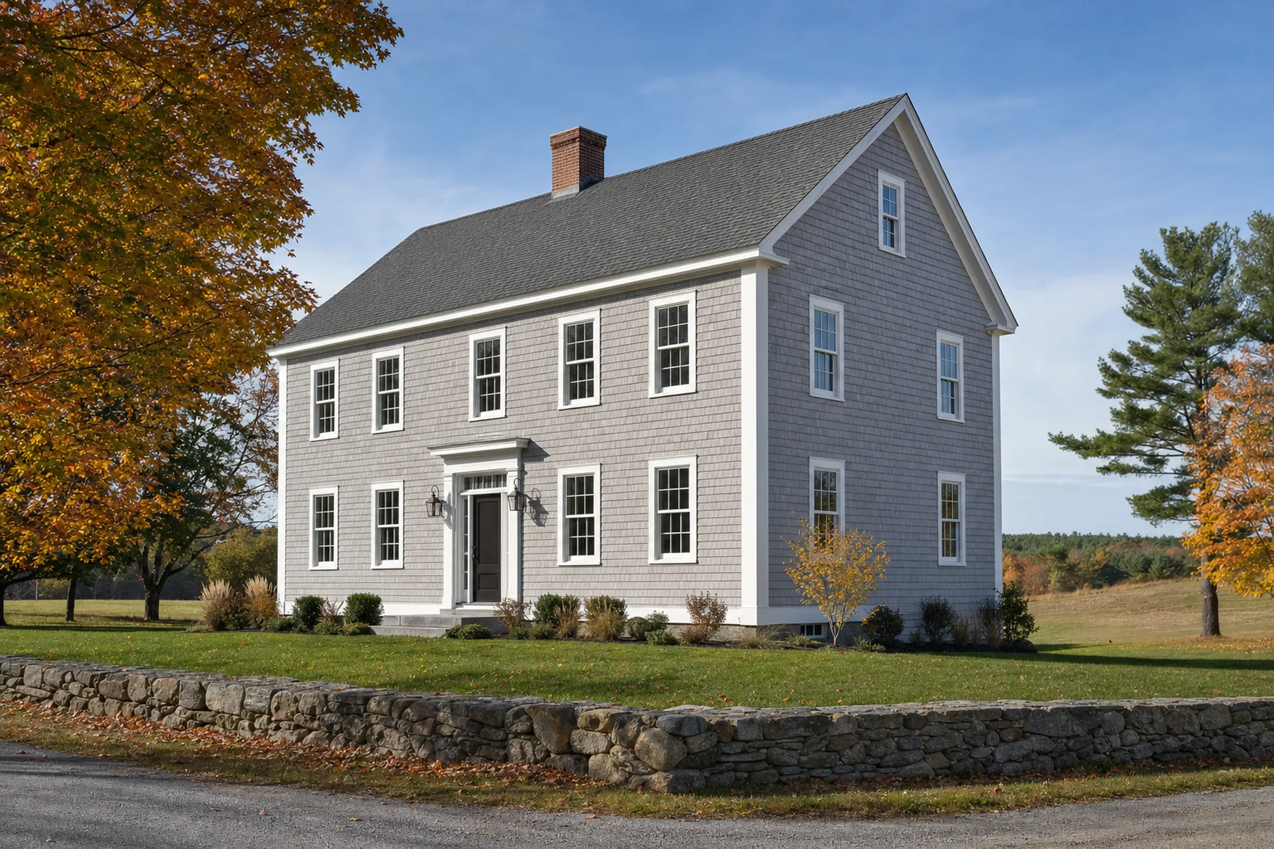 Siding replacement in Litchfield, ME: an older two-story farmhouse on a corner lot at the edge of a village, finished in natural cedar shingles weathering toward silver-gray, with crisp white corner boards and window trim, a stone wall and an open hayfield beyond, early fall.