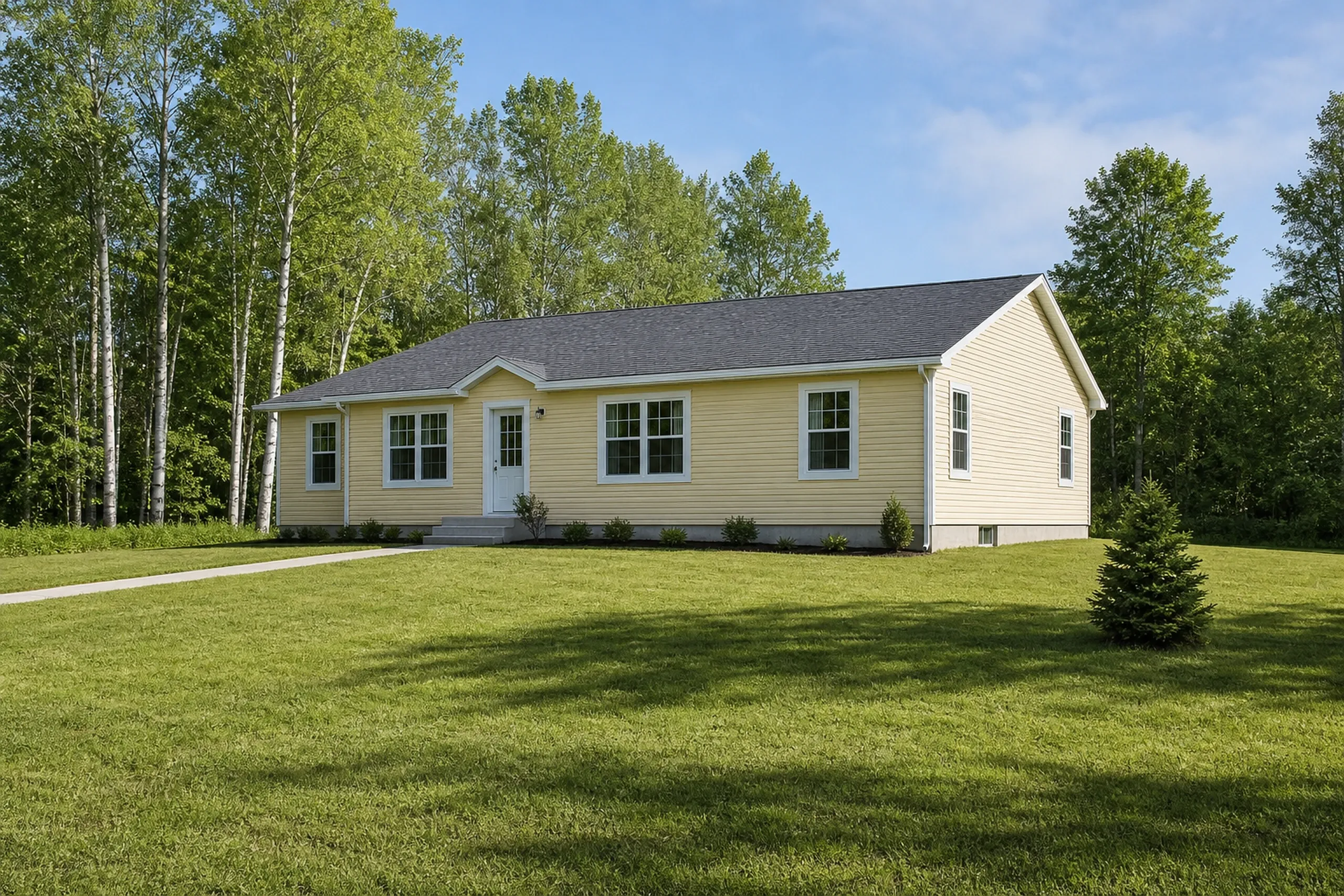 Vinyl siding on a Litchfield ranch: a 1990s single-story ranch finished in pale yellow vinyl lap siding with white corner posts and white window trim, a wide lawn and a stand of birches behind it, summer.