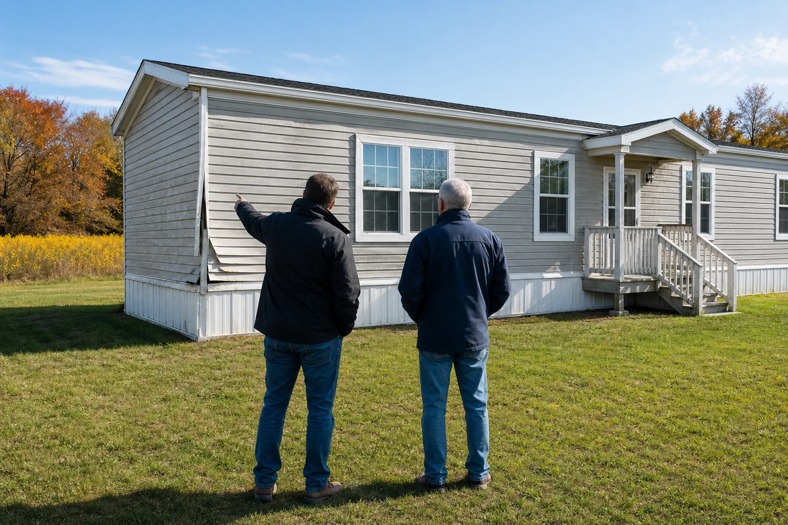 Litchfield siding first visit at a manufactured home: In crisp early-autumn light, two people, a siding installer and a homeowner, seen from behind, stand on a mown lawn facing a double-wide manufactured home whose old pale-gray siding has faded chalky, buckled along the bottom course and pulled loose at one corner, with a hayfield and goldenrod beyond.