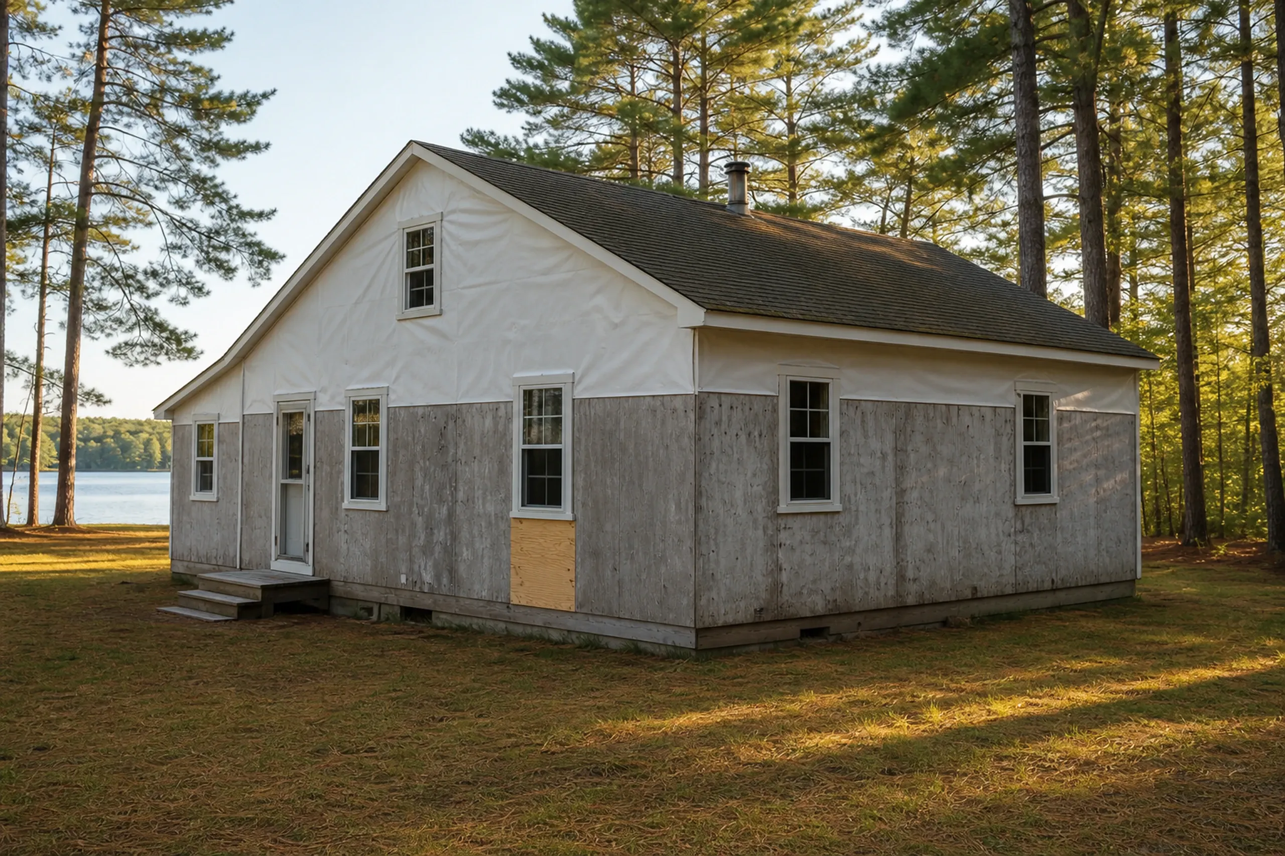Litchfield sheathing repair stage on a pond camp: A small pond-side camp wall in-progress at the sheathing repair stage, one fresh pale plywood patch fitted flush into weathered gray sheathing beneath a window, plain white housewrap already stretched across the upper wall, white pines and a glint of pond water beyond, warm late-afternoon summer light.
