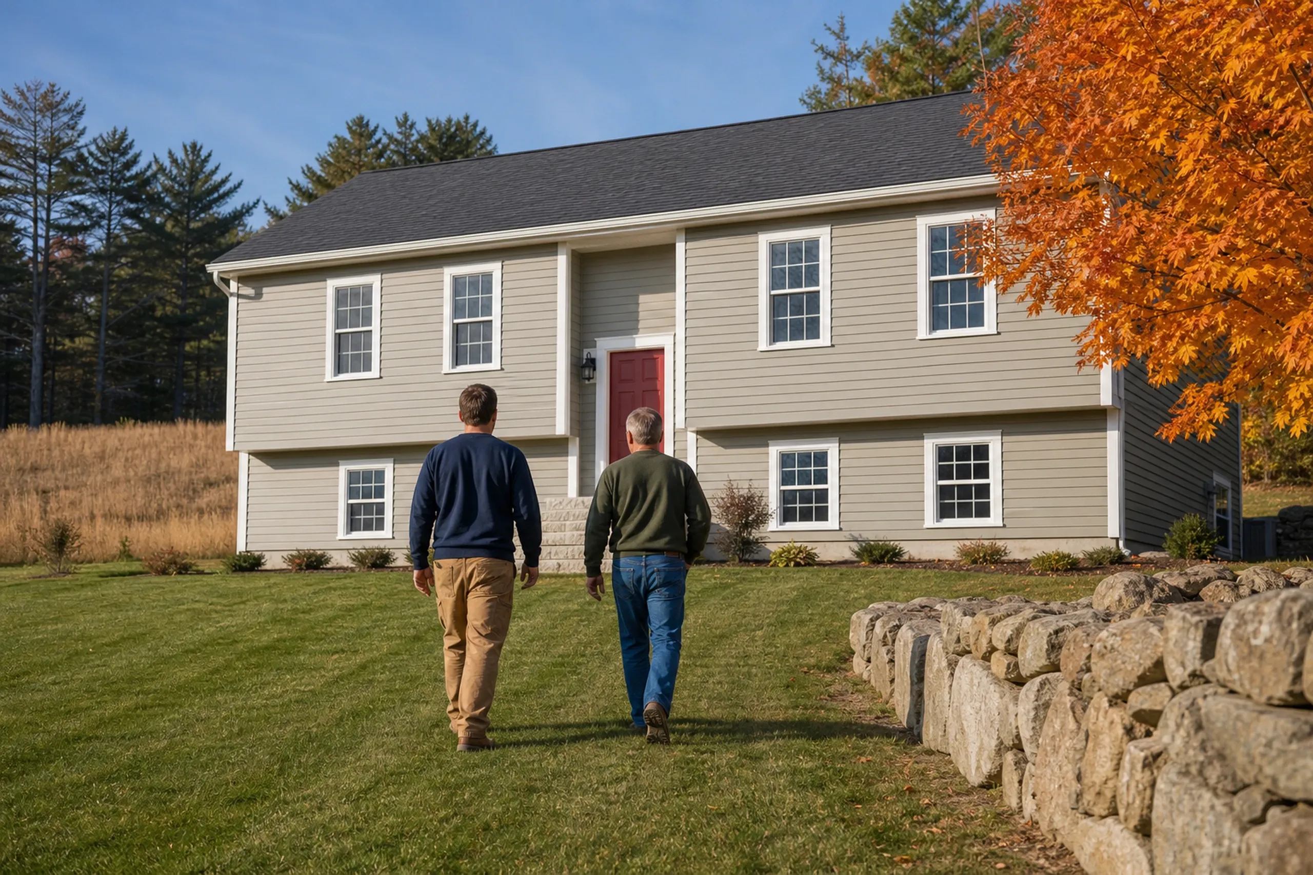 Litchfield siding final walkaround at a raised ranch: On a cool clear October morning, two people, a siding installer and a homeowner, seen from behind, walk up the lawn toward a re-sided raised ranch finished in warm putty fiber cement lap with white corner boards, white window trim and a barn-red front door, a stone wall and an orange maple beside it.