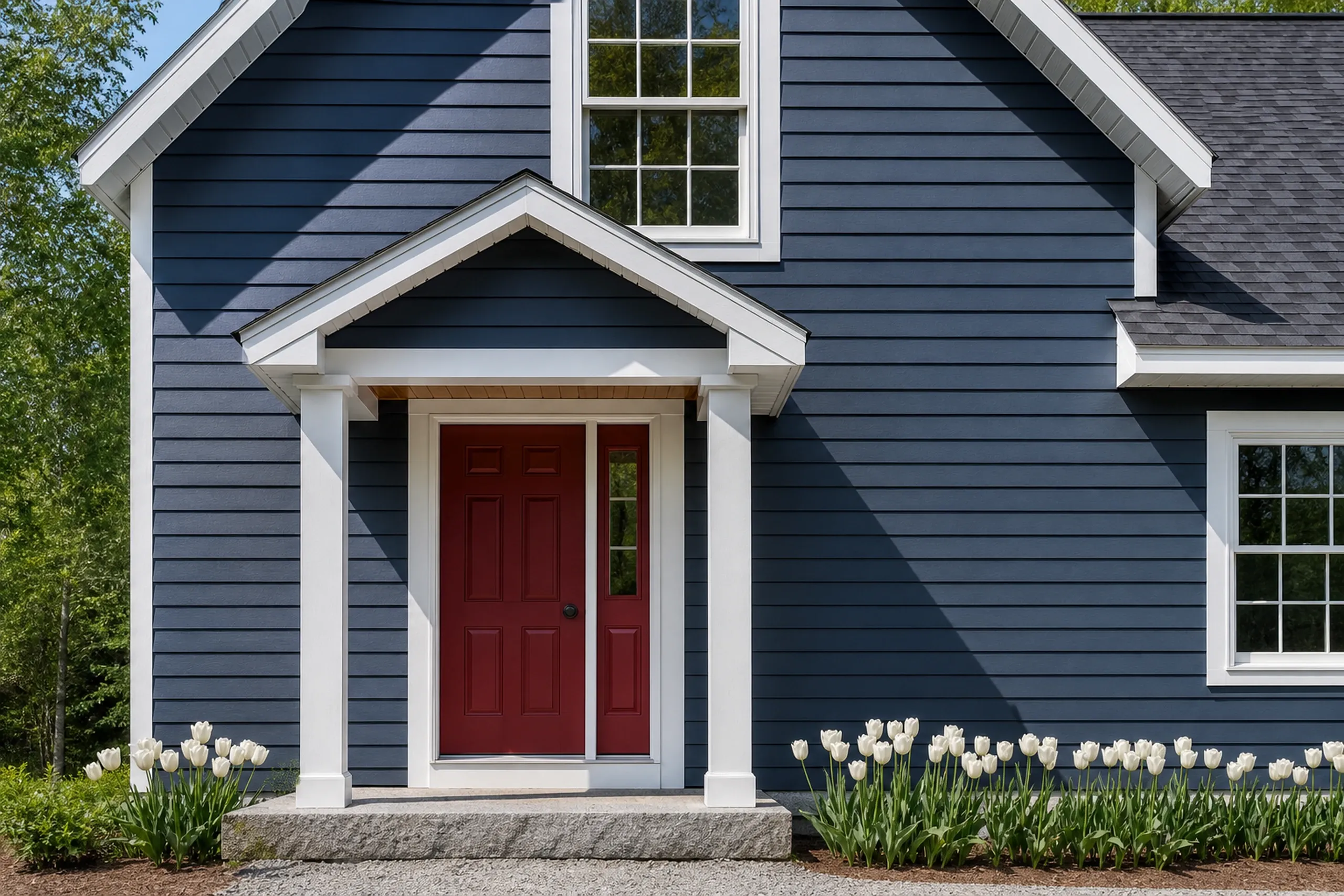 Litchfield re-sided cape front entry: The front entry of a re-sided story-and-a-half cape, deep blue-gray LP lap siding around a red paneled door with one narrow sidelight, white trim, a broad granite step and white tulips along the foundation, clear late-spring morning light, shot vertically, seen straight on.
