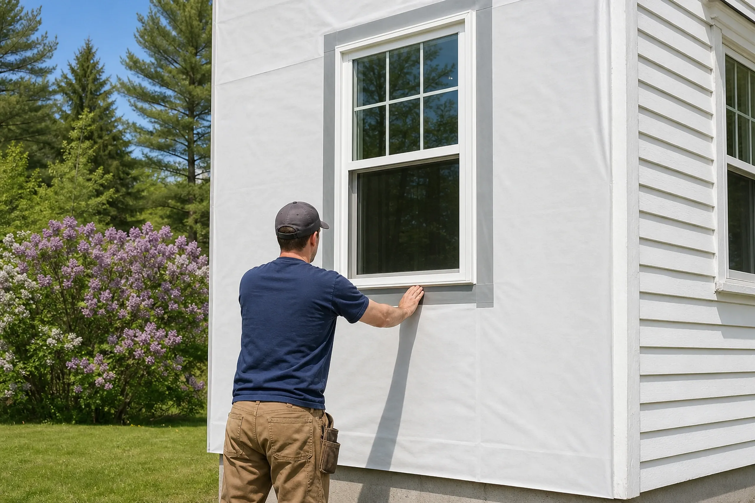 Litchfield, ME window flashing on a wrapped wall: one installer seen from behind, pressing flashing tape along the sill of a window on a cape wall covered in plain white housewrap, the neighboring wall still in old white clapboard, late spring.