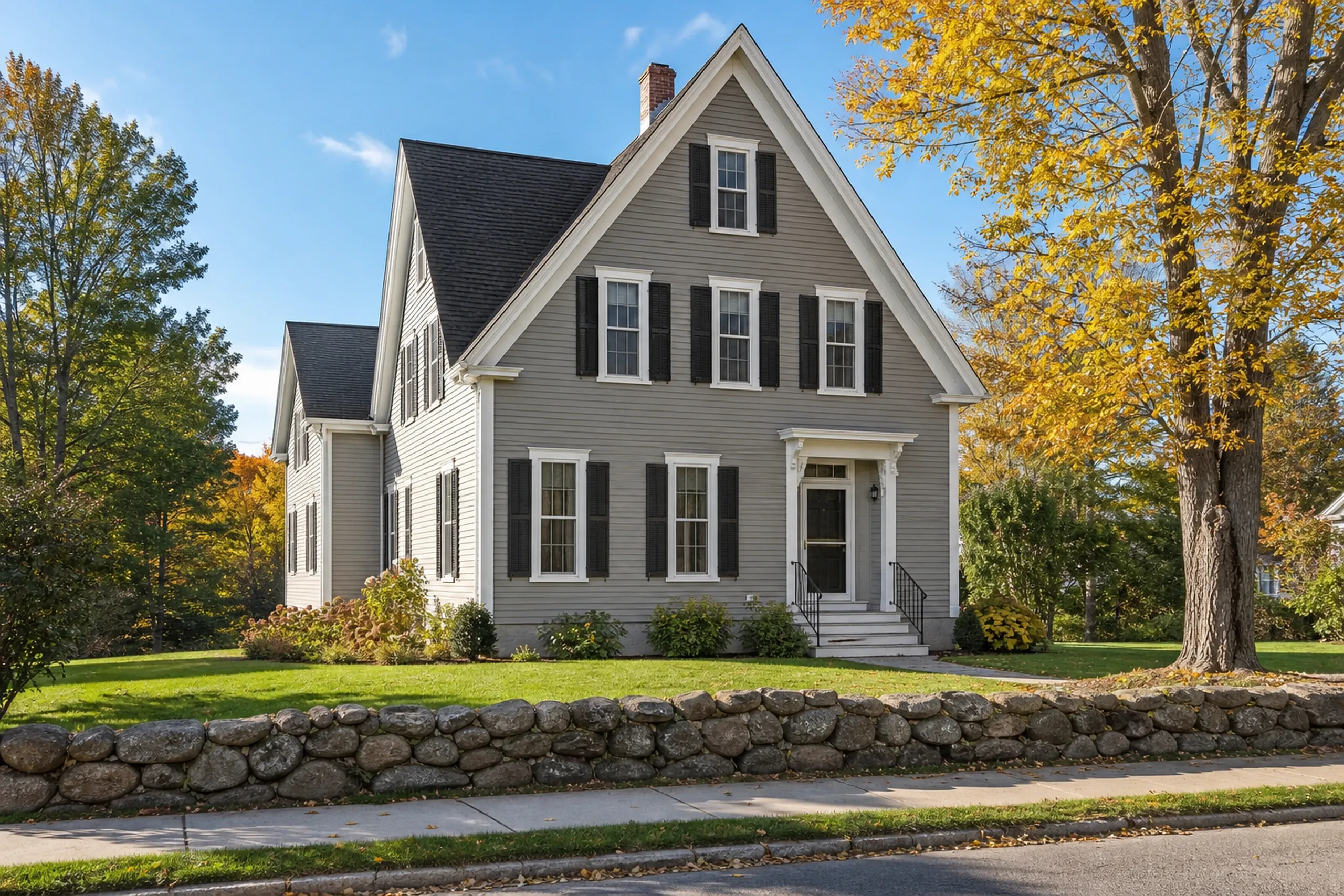 Re-sided Mechanic Falls Gothic house in early fall: A re-sided Gothic Revival village house with a steep front gable and tall narrow windows, finished in warm gray fiber cement lap with white trim and black louvered shutters, a stone wall at the sidewalk and a silver maple turning yellow, crisp early-autumn light.