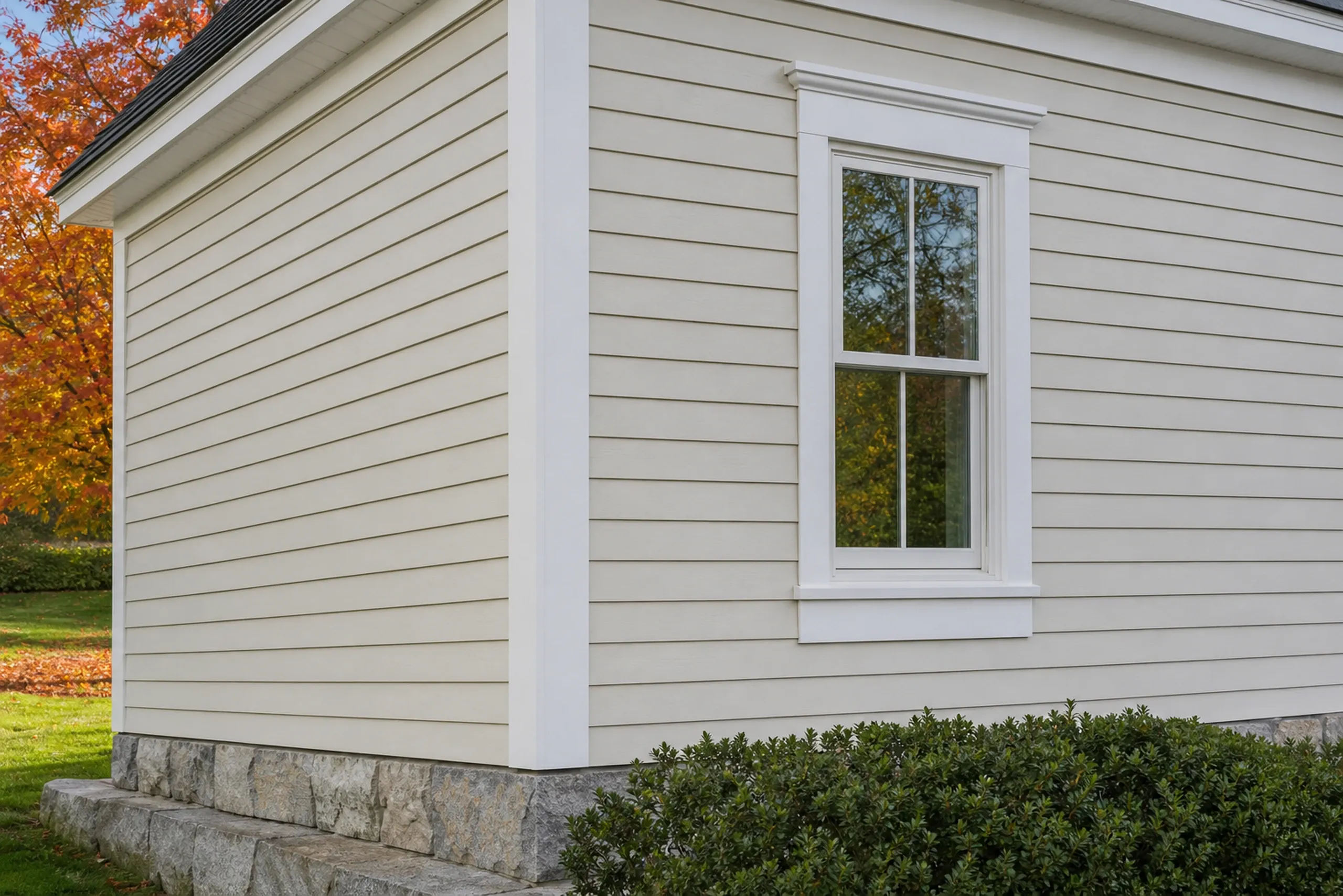 Fiber cement on an older Mechanic Falls house: close view of painted cream fiber cement lap boards meeting a wide white corner board and a tall window casing, autumn light.