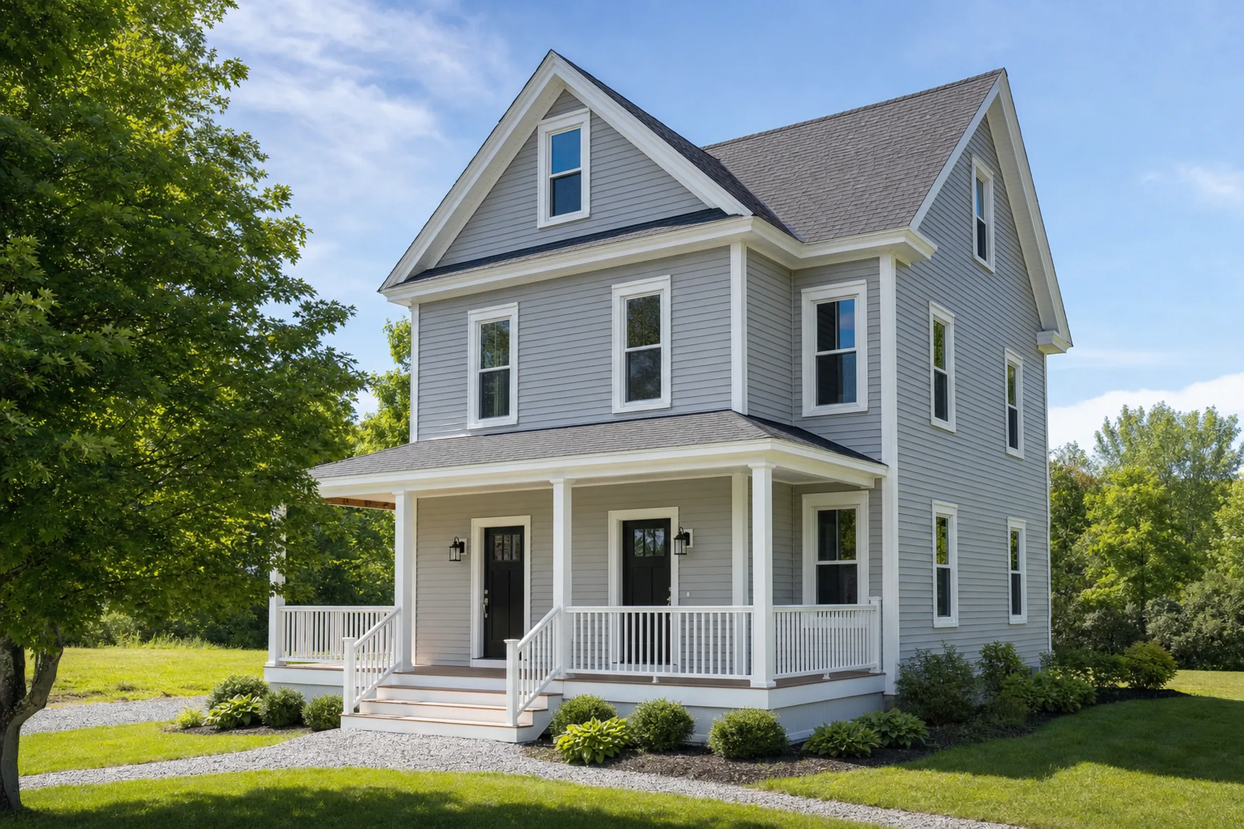 Siding replacement in Mechanic Falls, ME: a two-and-a-half-story wood-frame two-family house with finished pale gray vinyl lap siding, crisp white trim and corner boards, summer.