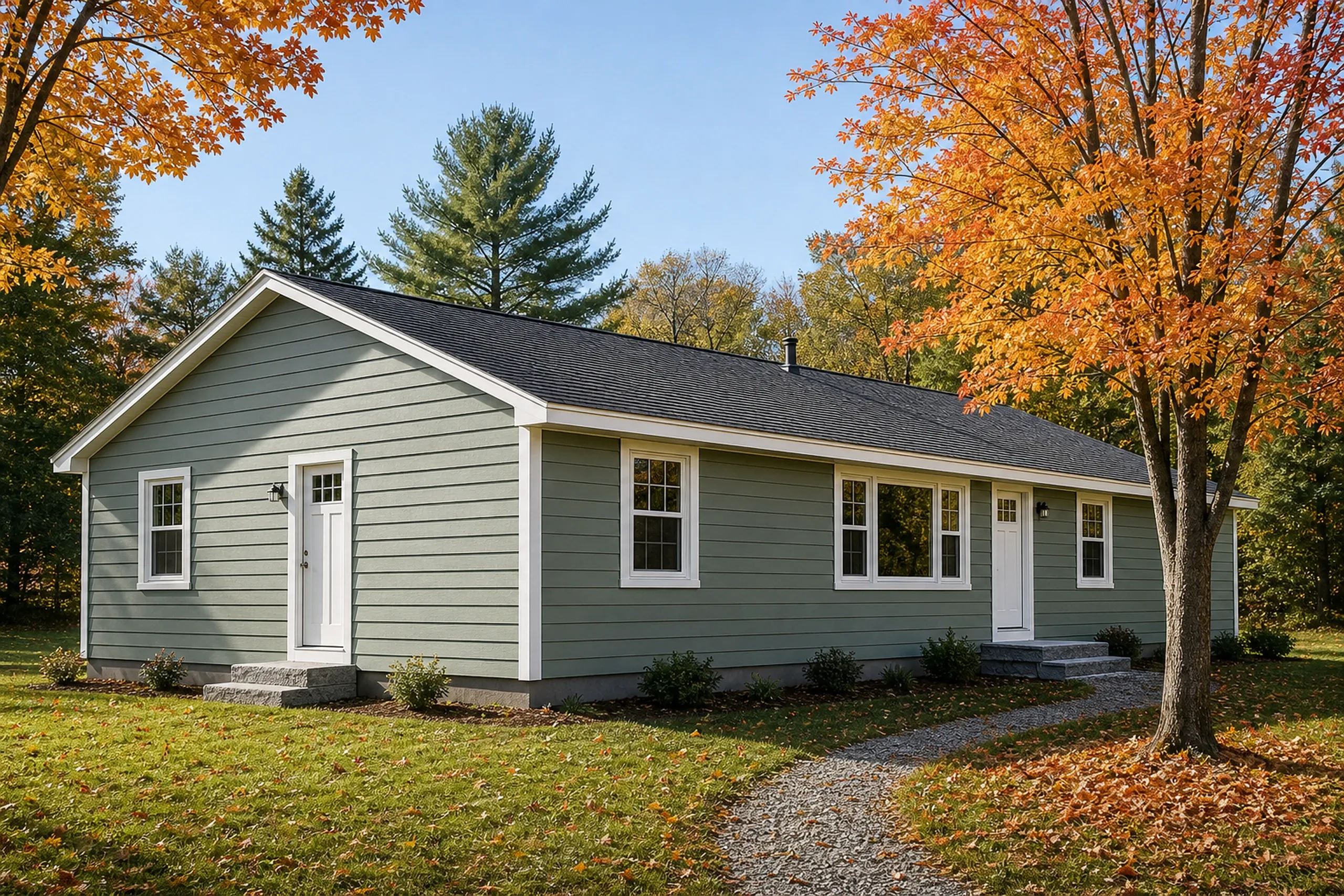 LP SmartSide on a Mechanic Falls ranch: a one-story 1970s ranch with freshly painted sage green engineered wood lap siding, white corner boards, maples on the lawn, early fall.