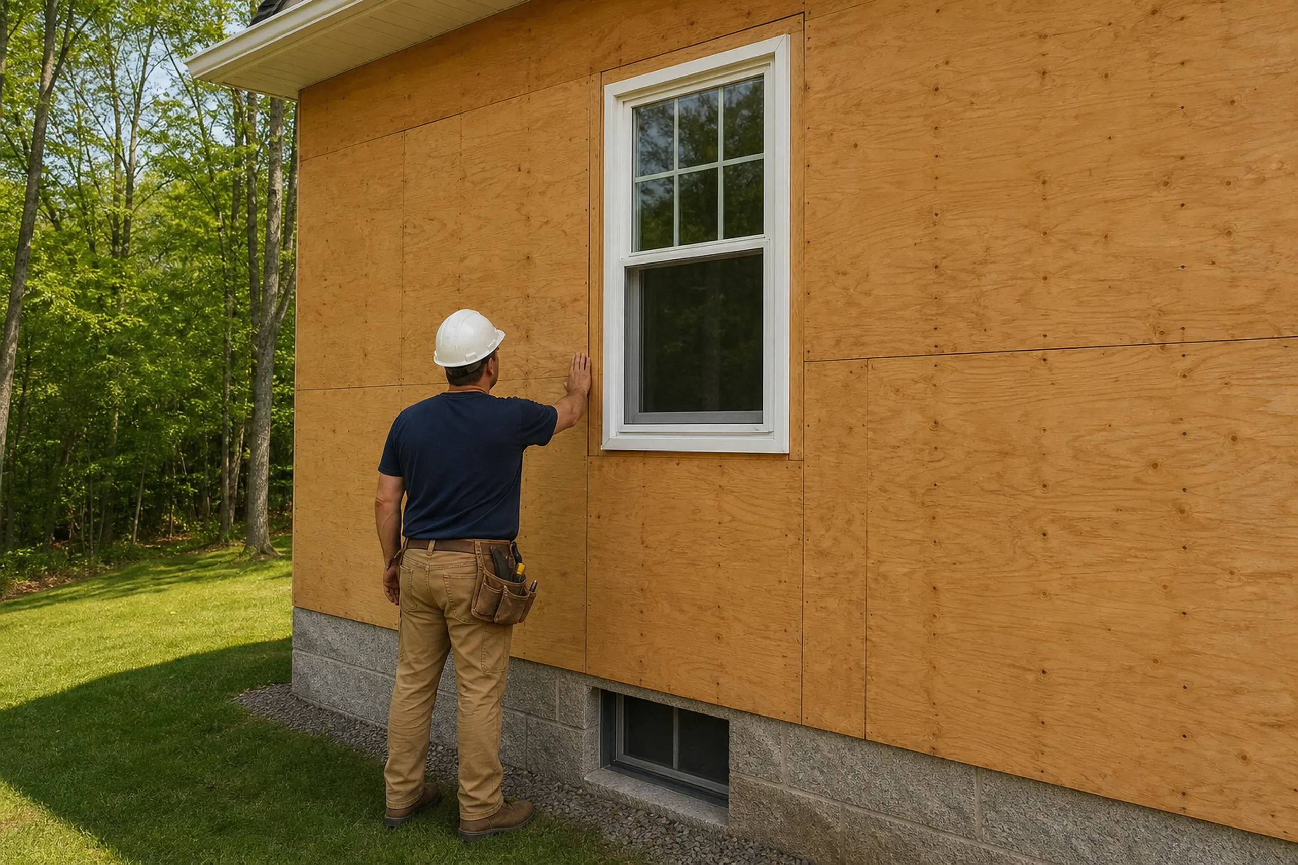 Mechanic Falls sill check: one installer seen from behind, pressing a hand on bare plywood sheathing below a window on a wall stripped of its old siding, late spring light.