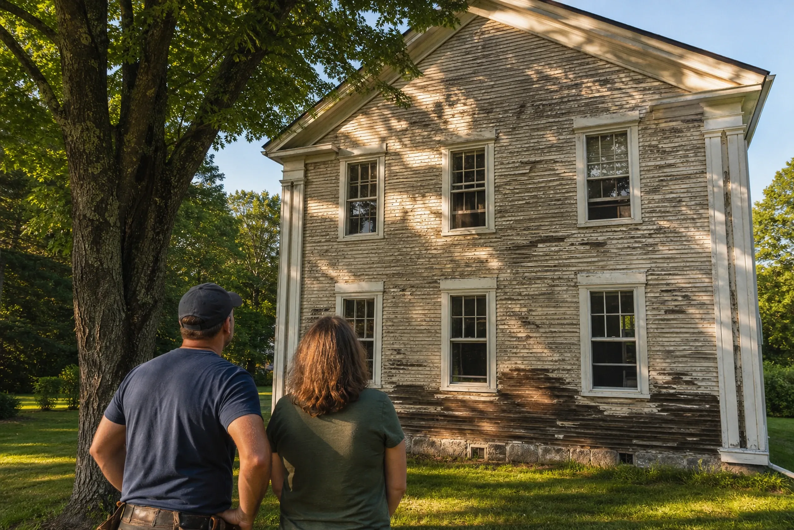 Mechanic Falls siding first visit at a village house: In warm late-afternoon summer light, two people, a siding installer and a homeowner, seen from behind, stand in front of a gable-front Greek Revival village house and look at painted clapboards peeling in curls, with the lowest courses gone dark and soft above the granite foundation.