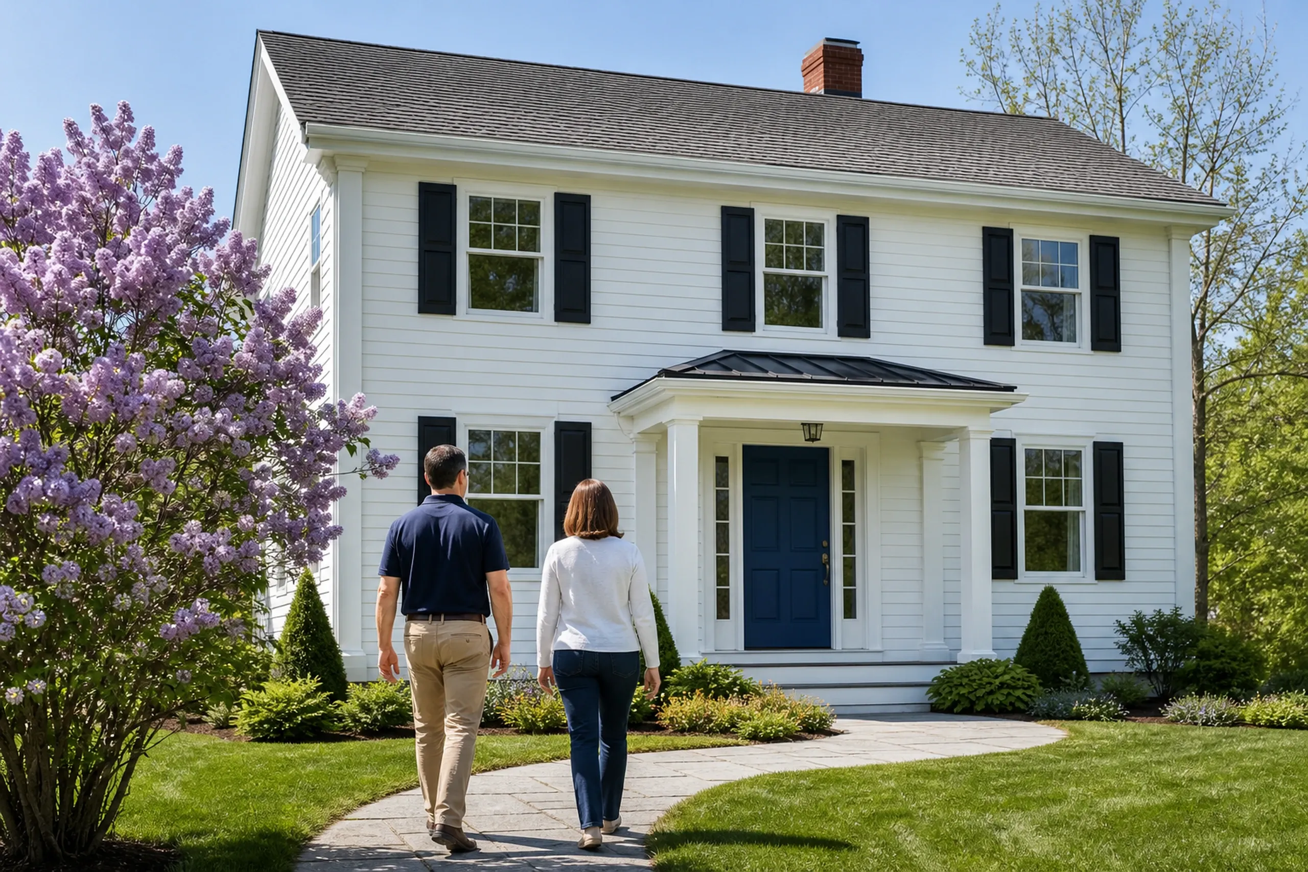 Mechanic Falls final walkaround at a Colonial Revival: On a clear late-spring morning, two people, a siding installer and a homeowner, seen from behind, walk along a re-sided Colonial Revival house finished in soft white LP lap with square porch columns, black shutters and a deep blue front door, a lilac in full bloom beside the walk.