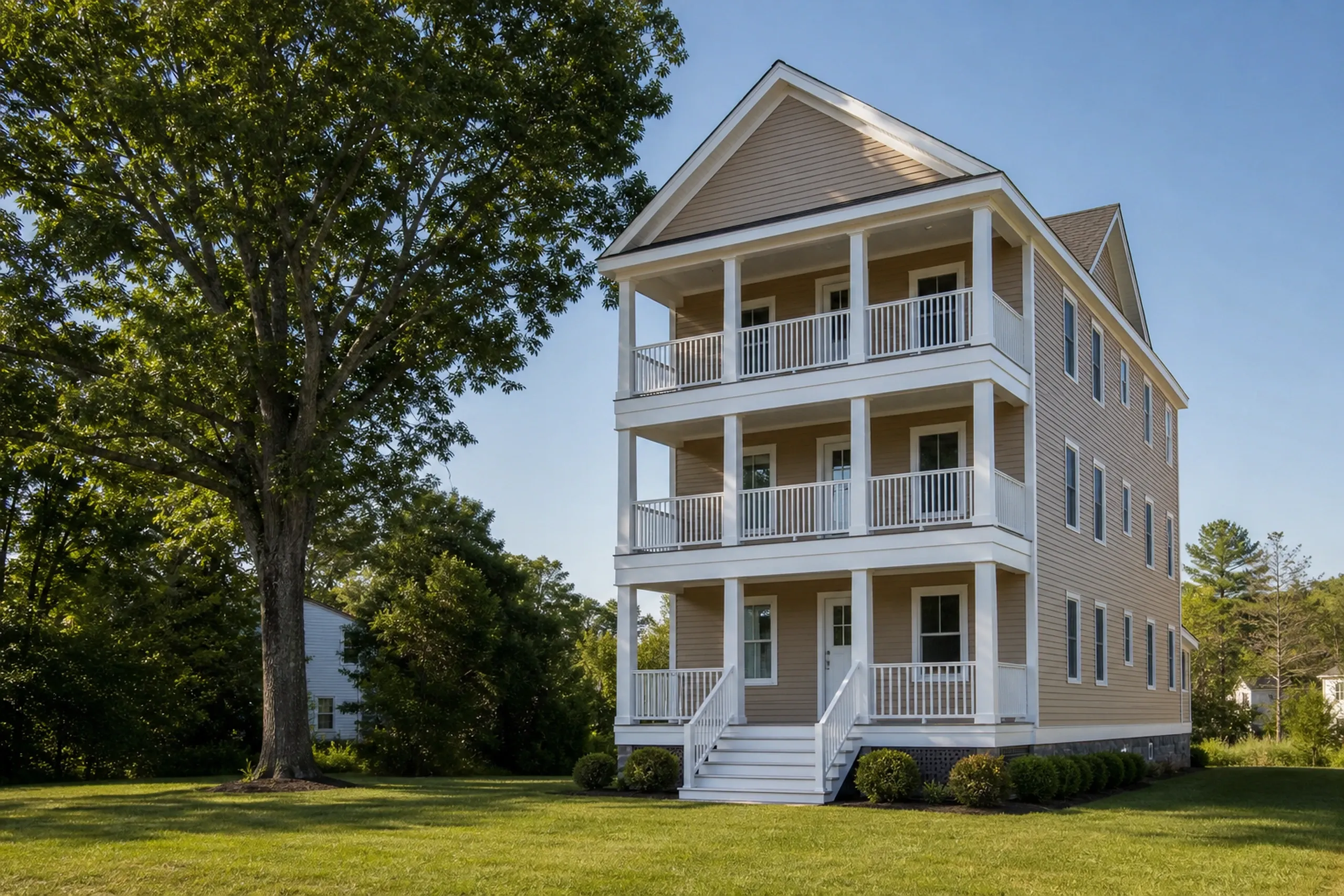 Vinyl siding on a Mechanic Falls multi-family: a three-story wood-frame house with new tan vinyl lap siding, white trim and stacked front porches, early summer.