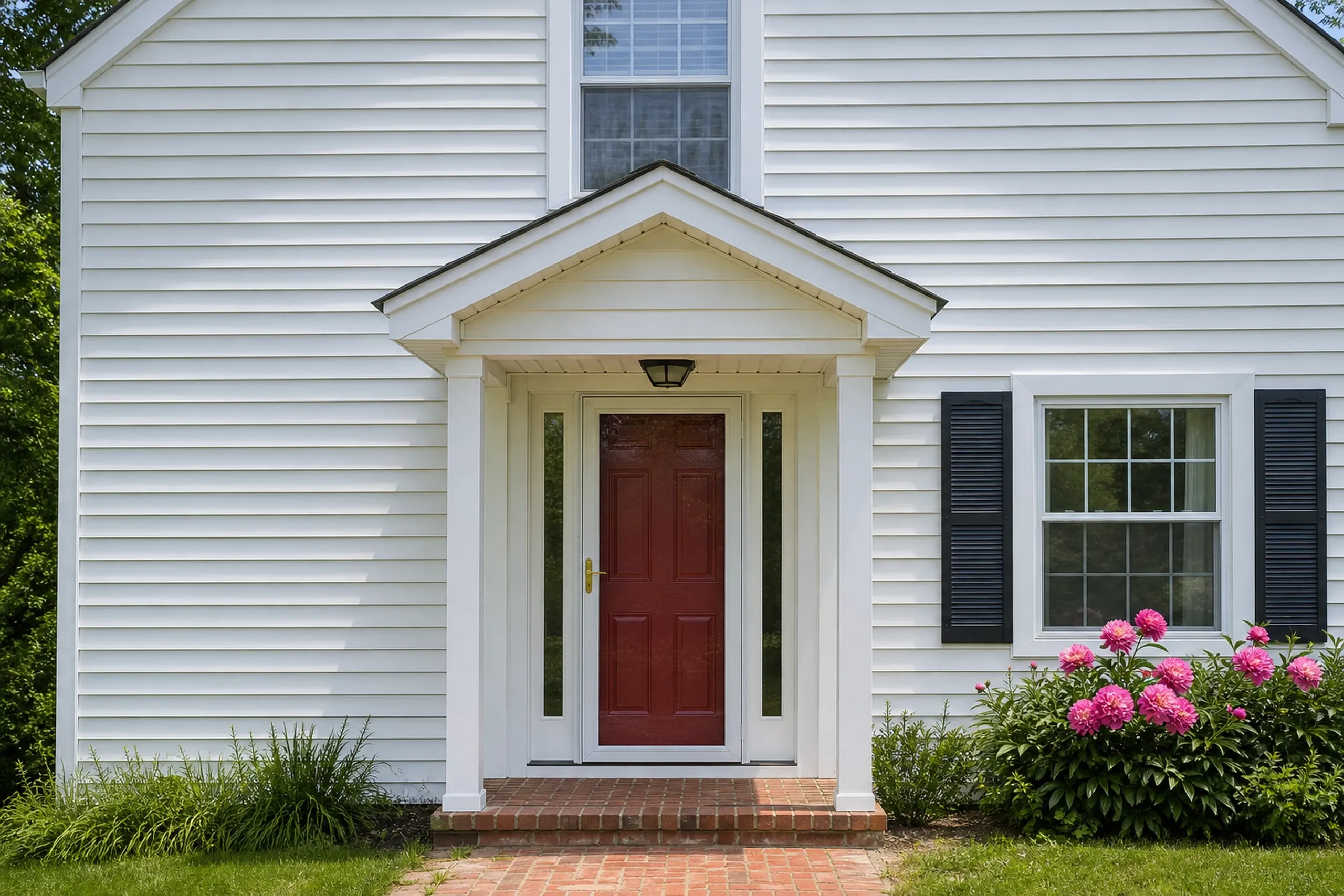 Mechanic Falls re-sided cape front entry: The front entry of a re-sided 1960s Mechanic Falls cape, shot vertically, white vinyl lap siding around a brick-red paneled door with a storm door, black shutters, white trim, a brick walk and pink peonies by the corner, bright early-summer afternoon light.